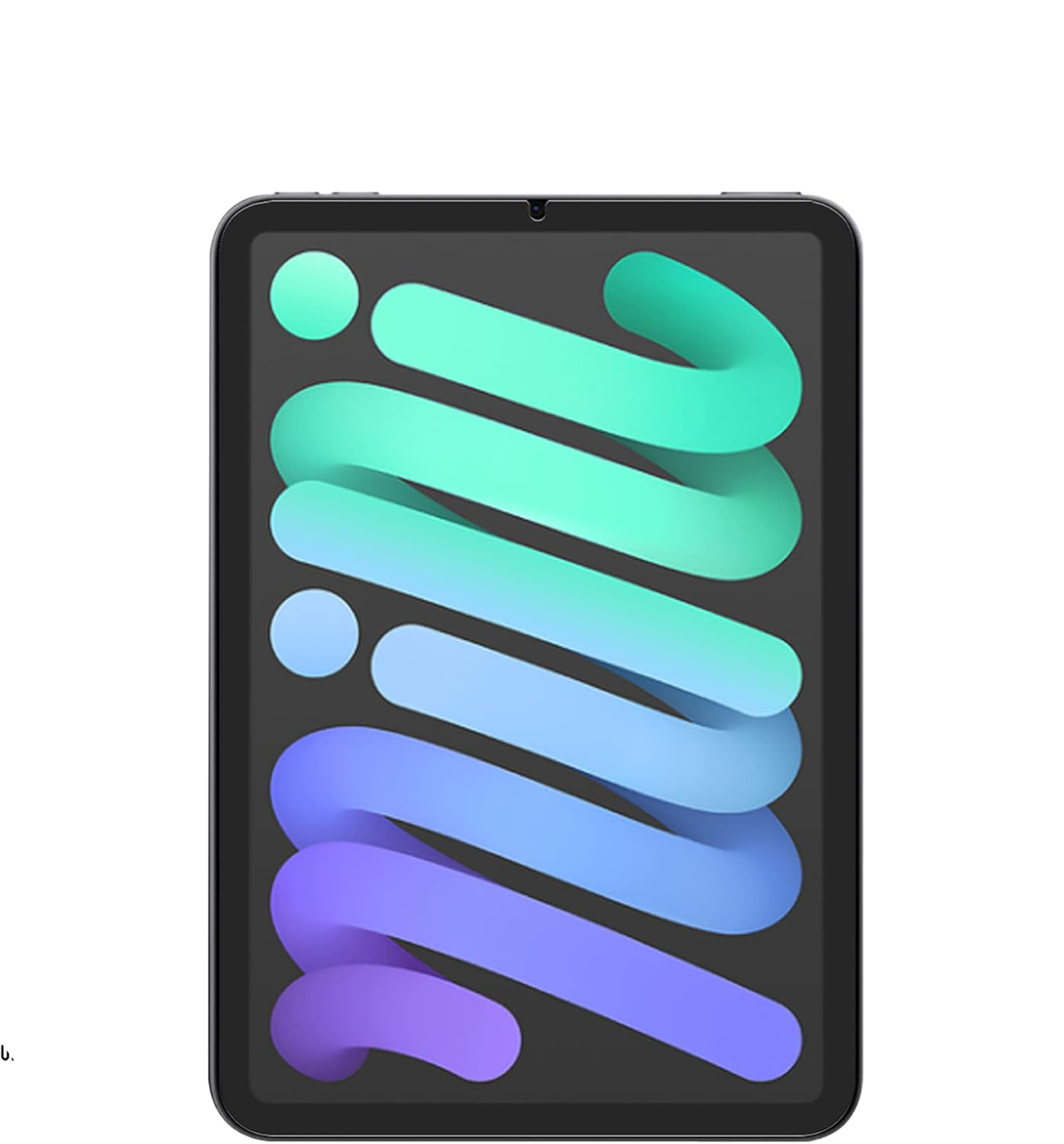 Tablet mit farbenfrohem Design auf dem Bildschirm, schwarzem Rahmen, weißem Hintergrund.