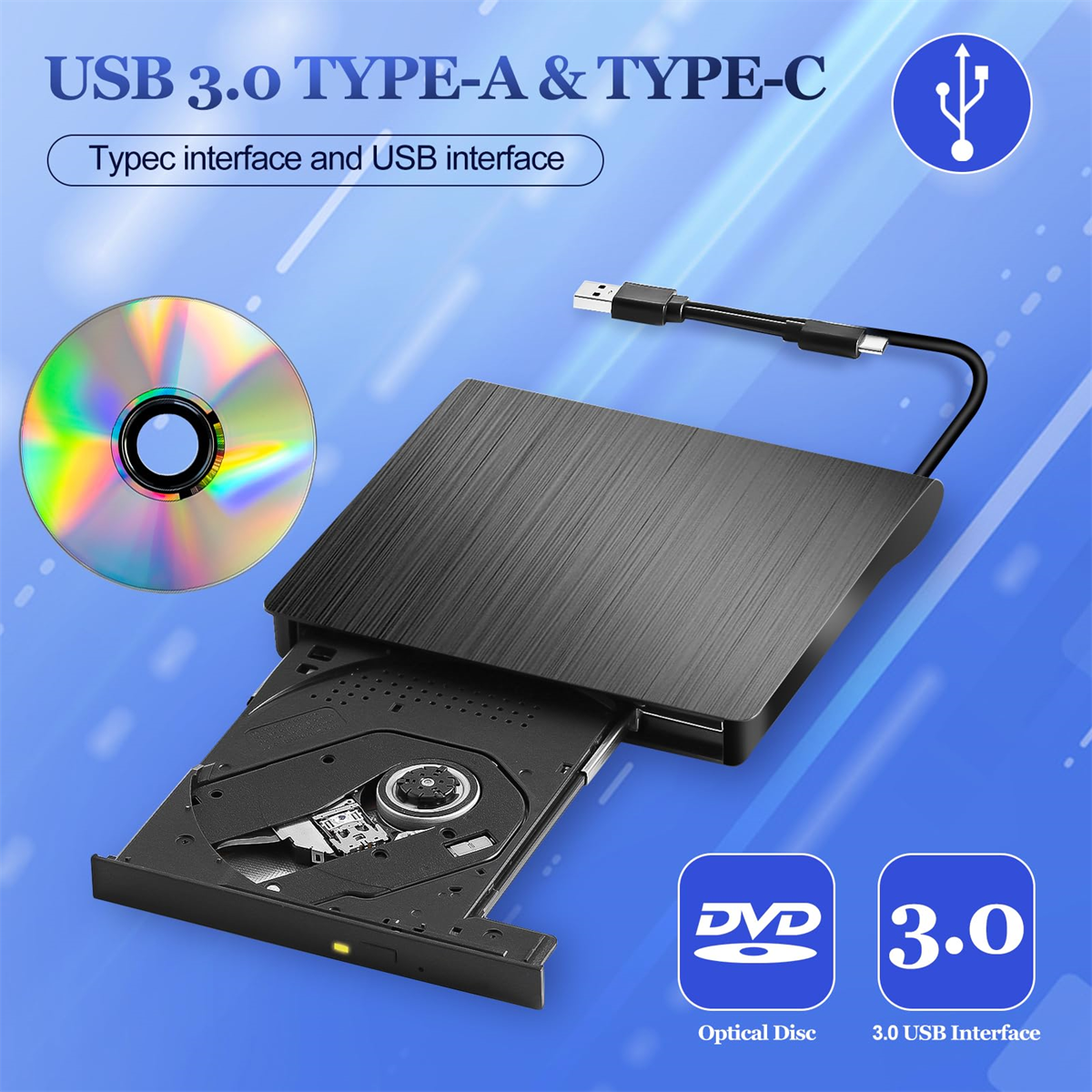 Externes DVD-Laufwerk mit USB 3.0 und Typ-C-Schnittstelle, verbunden mit einer Disc.
