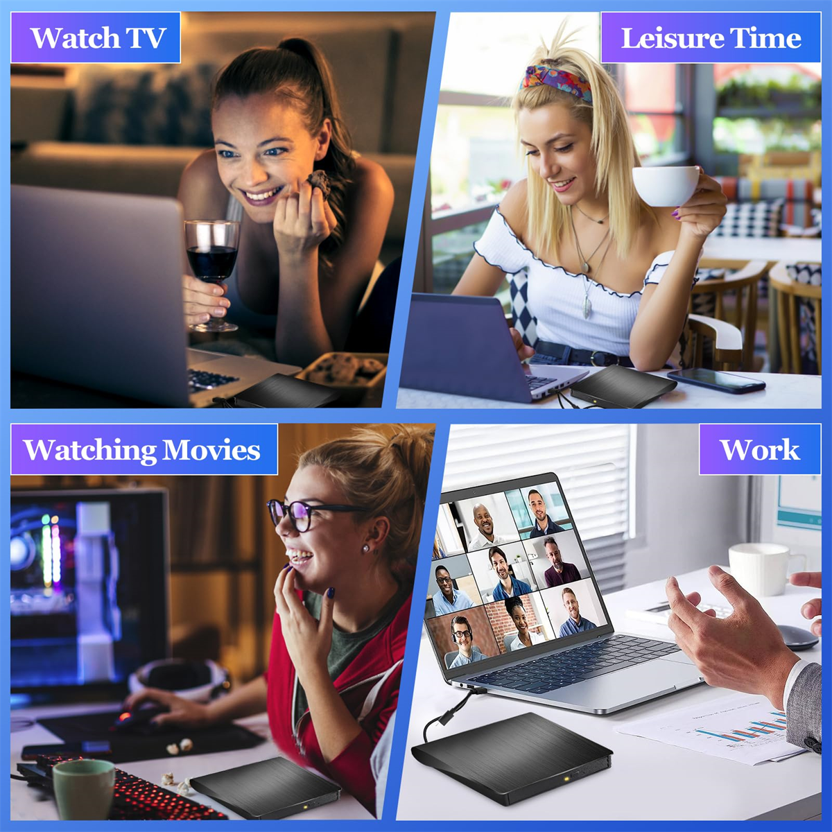 Vier Bilder, die Menschen zeigen, die ein schwarzes Laufwerk benutzen. Fernsehen, Freizeit, Filme ansehen, Arbeiten.