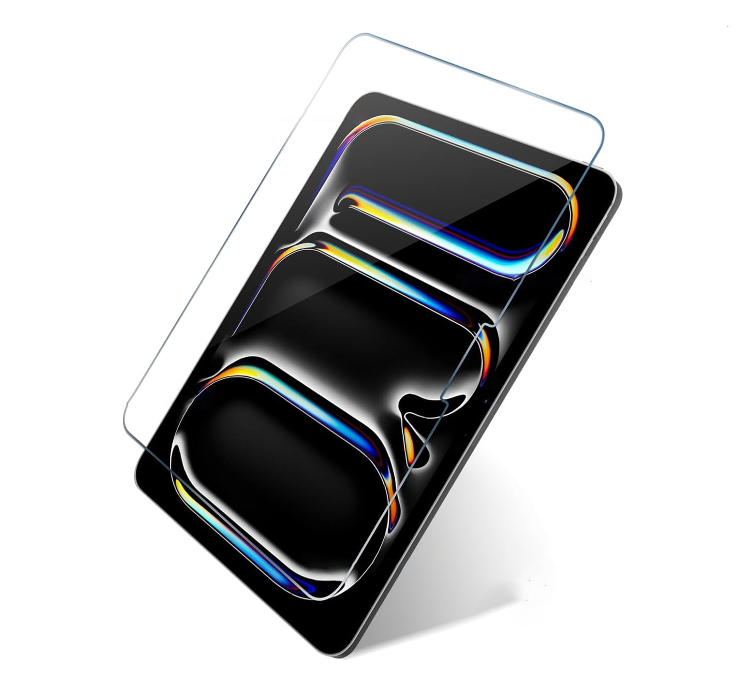 Ein Tablet mit Displayschutzfolie und Displayschutzfolienverpackung. Weißer Hintergrund.