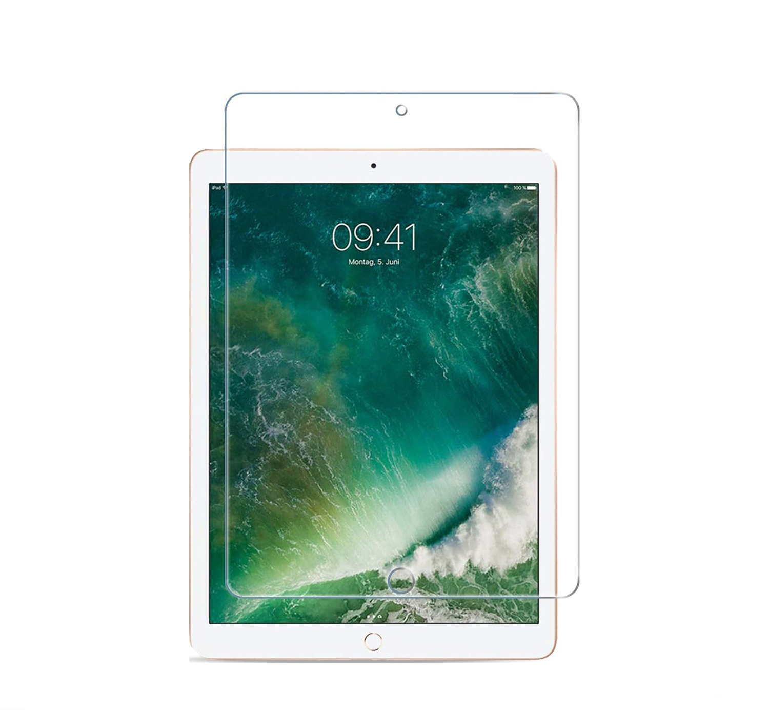 iPad mit angebrachtem Displayschutz. Transparenter Displayschutz auf einem weißen iPad.