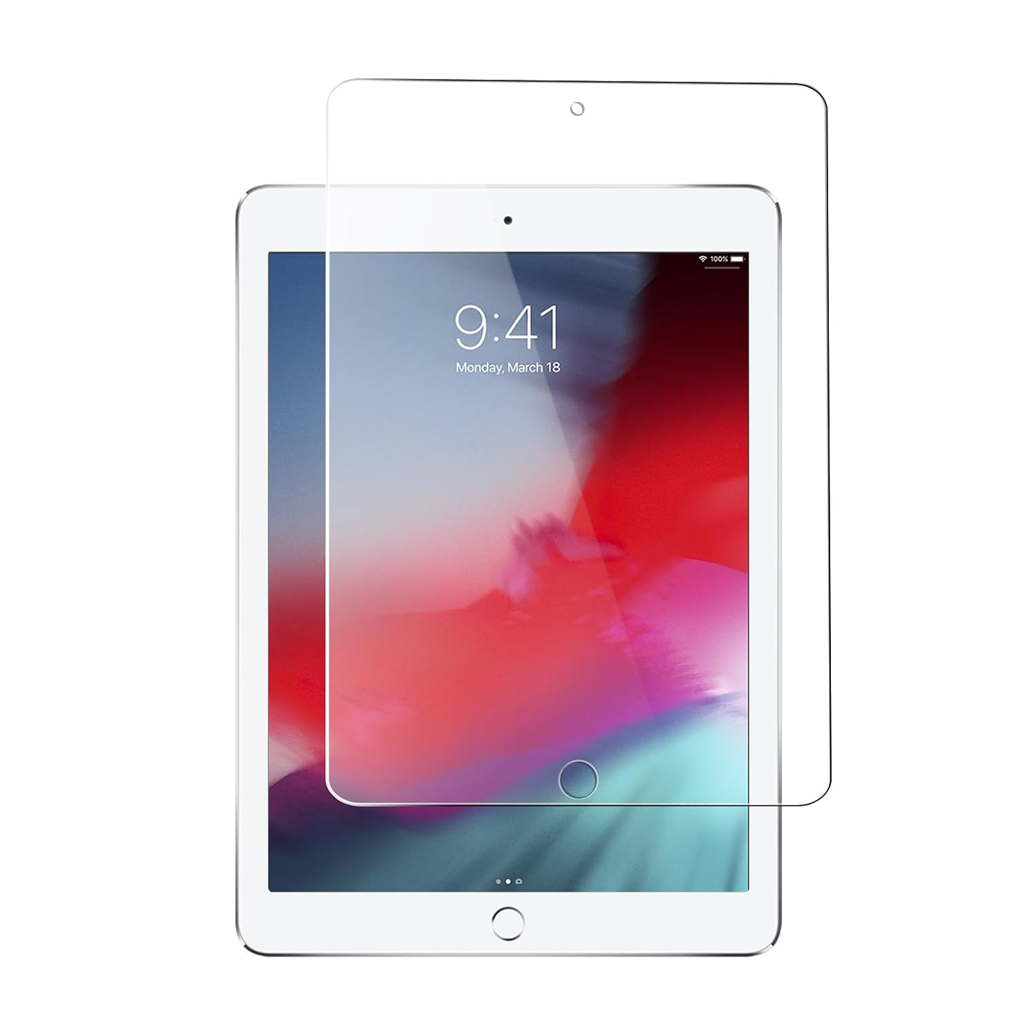 iPad mit aufgebrachter Displayschutzfolie, die einen Home-Bildschirm mit Datum zeigt.