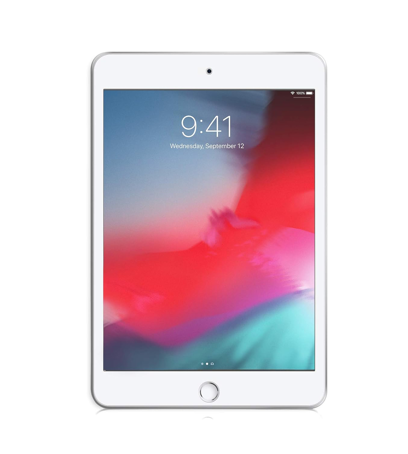 Ein iPad mini auf weißem Hintergrund. Der Bildschirm zeigt Uhrzeit und Datum an. Weißes Gehäuse, schwarzer Rahmen.