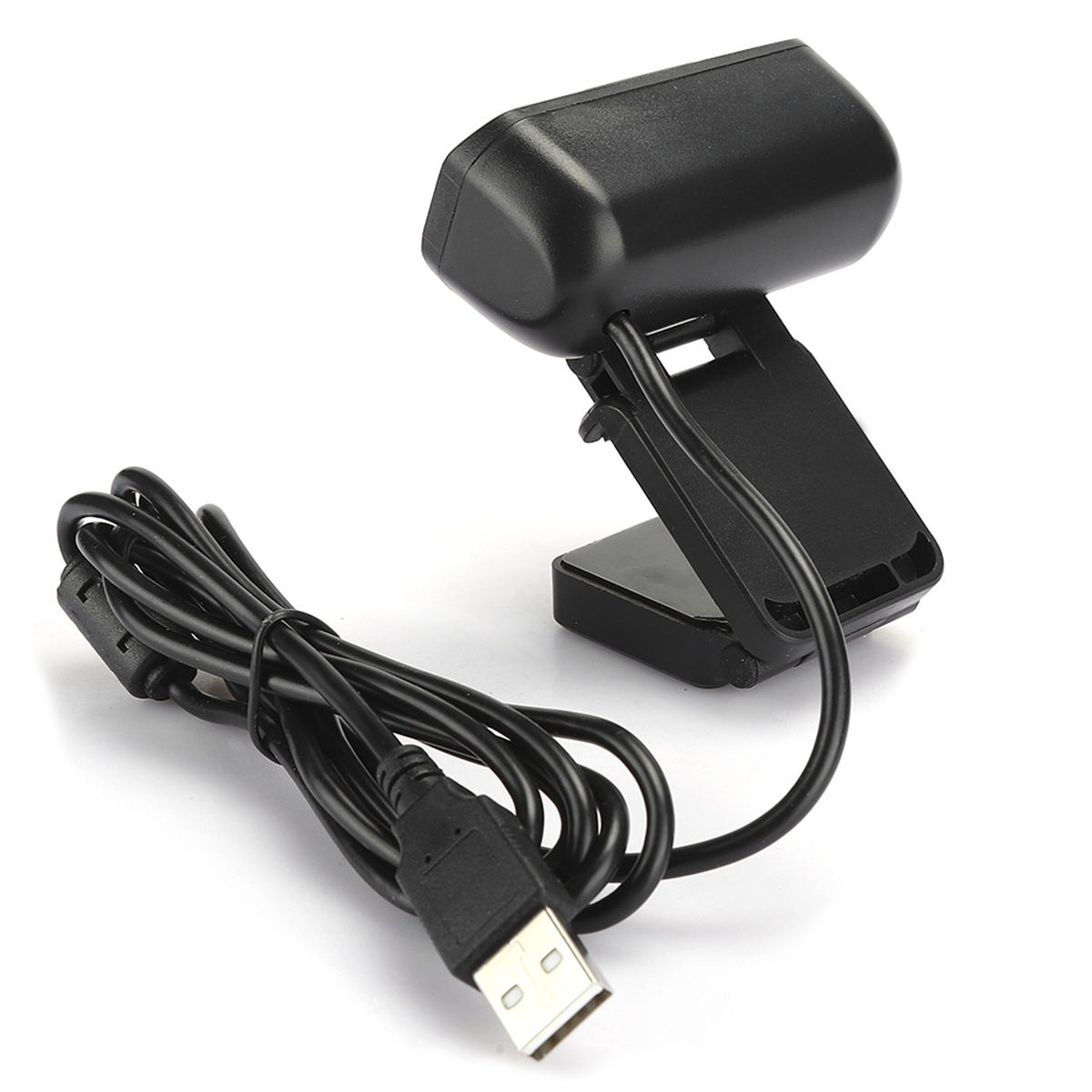 Schwarze Webcam mit USB-Kabel. Sie ist an einem Ständer befestigt. Weißer Hintergrund. Sauber und einfach.