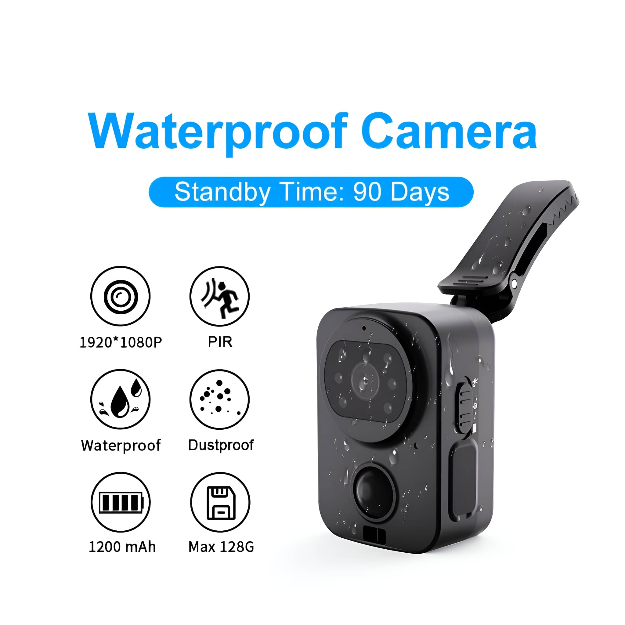 Schwarze wasserdichte Kamera mit Symbolen, Funktionen und Details wie 1200 mAh und 128G Speicher.