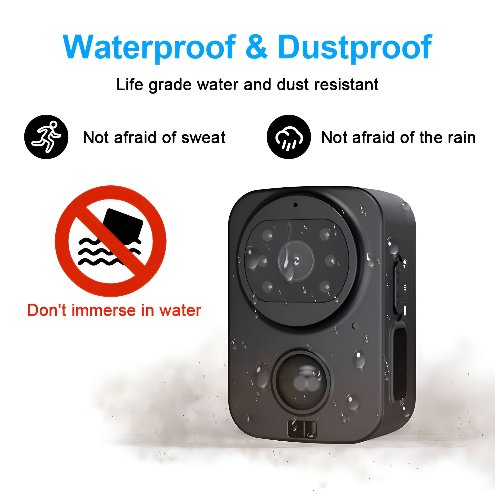 Schwarze Kamera mit Text 'Waterproof & Dustproof'. Symbole zeigen Wasser- und Schweißbeständigkeit.