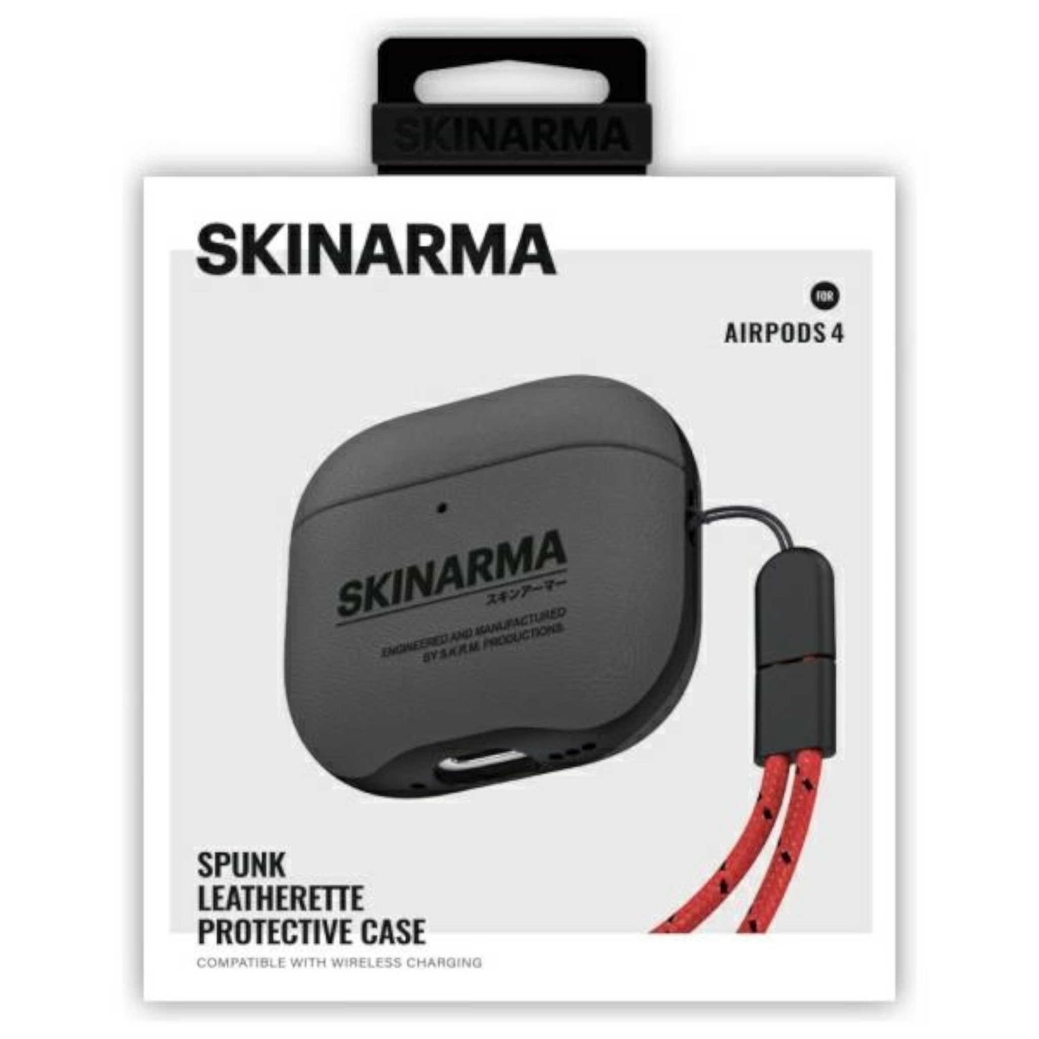 Schwarzes Skinarma Airpods-Case mit rotem und schwarzem Riemen.