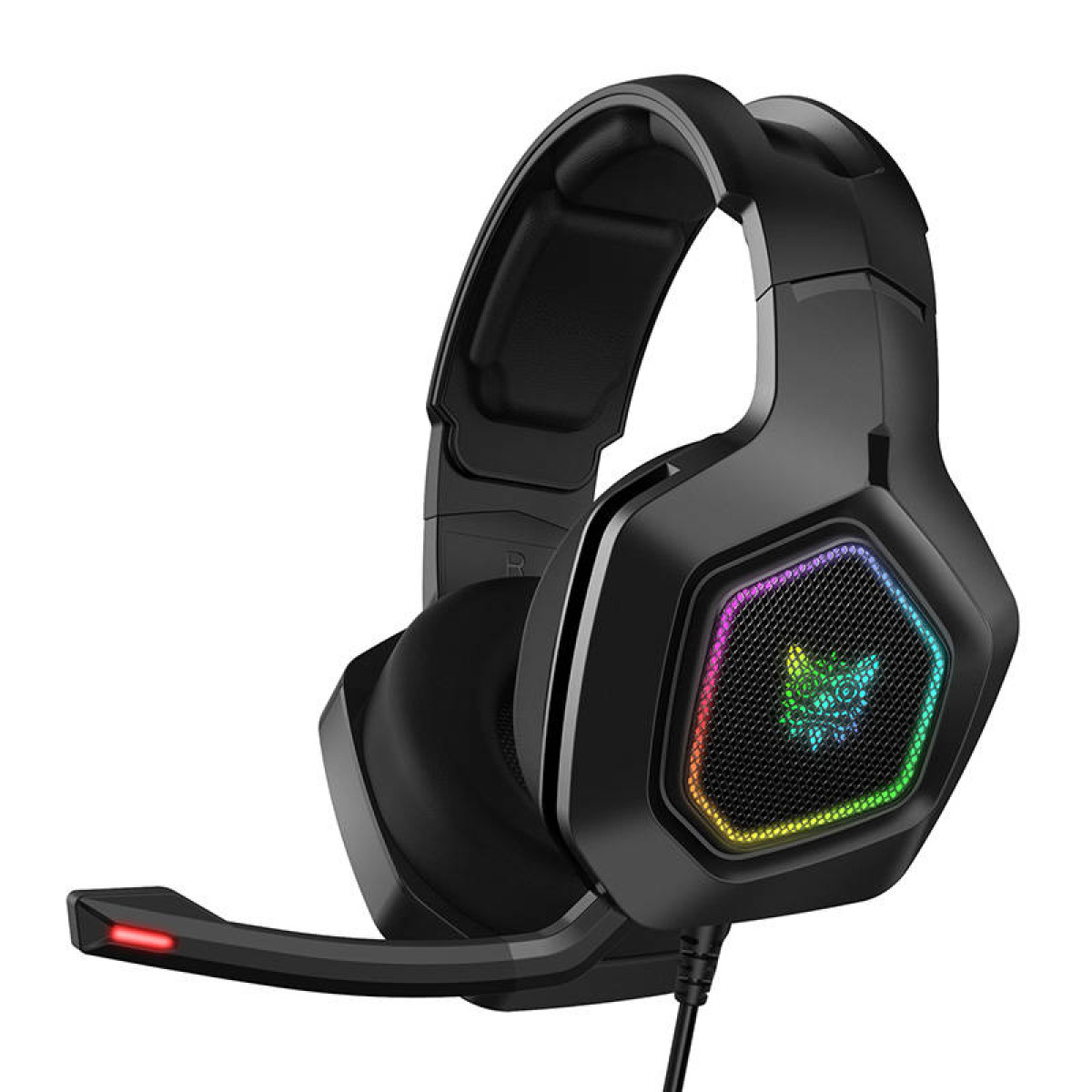 Schwarzes Gaming-Headset mit bunten LED-Leuchten an den Ohrmuscheln und Mikrofon.