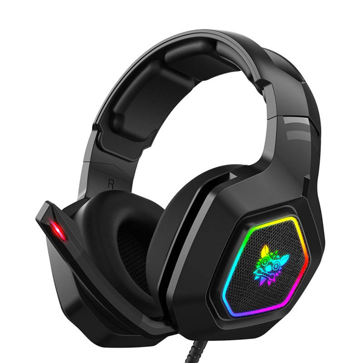 Schwarzes Gaming-Headset mit Mikrofon. RGB-Beleuchtung an den Ohrmuscheln.