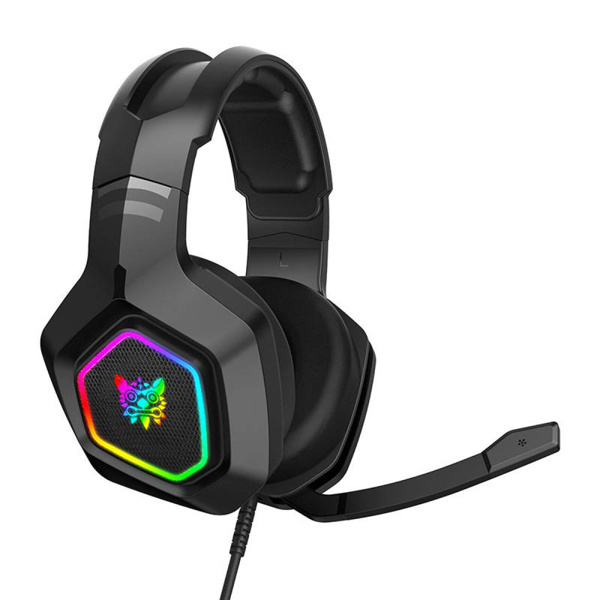 Schwarzes Gaming-Headset mit Mikrofon und RGB-Beleuchtung an den Ohrmuscheln.