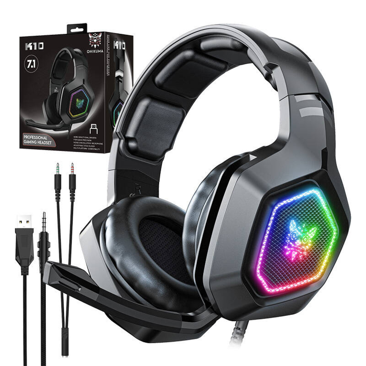 Ein schwarzes Gaming-Headset mit bunten Lichtern und Mikrofon, mit Kabeln und Karton.
