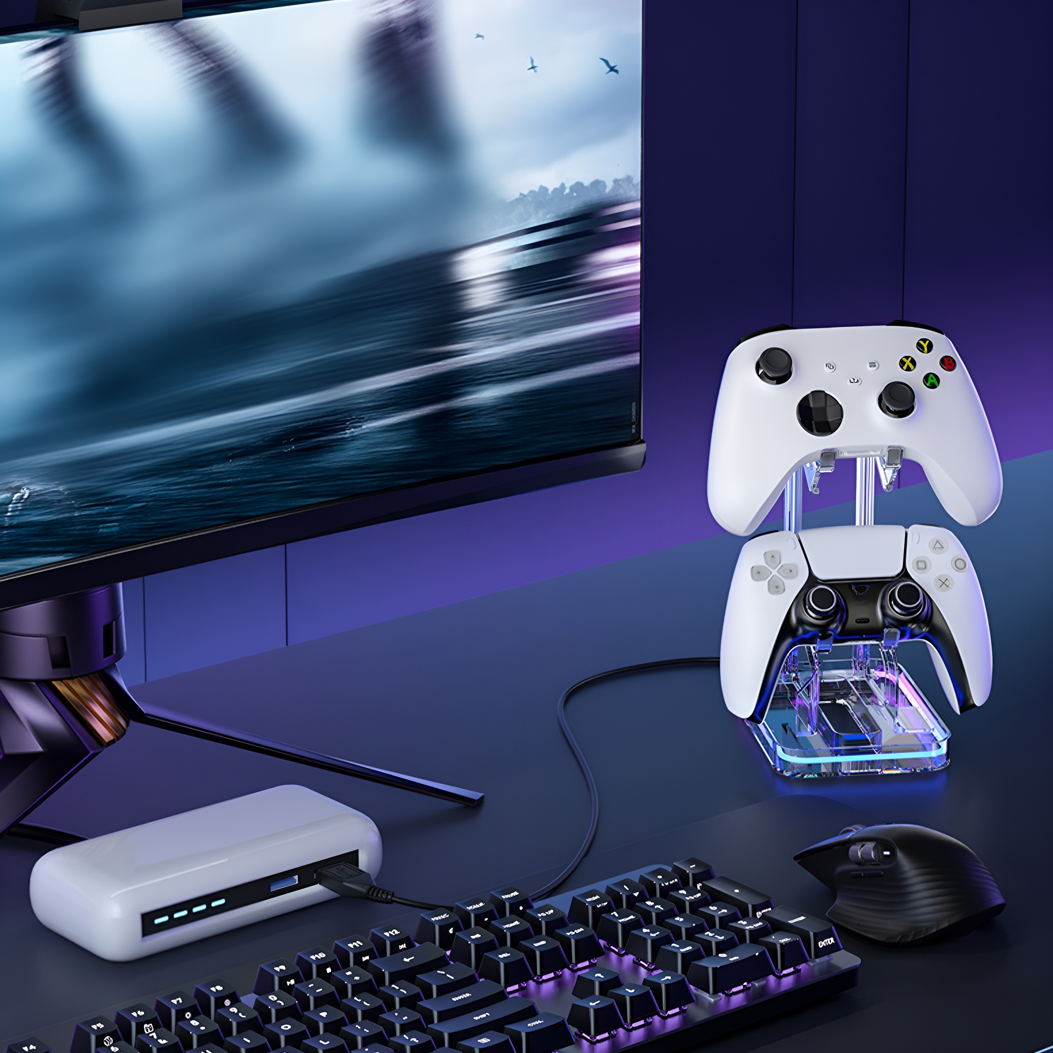 Zwei weiße Gamecontroller auf einem Ladeständer. Der Ständer und ein Monitor stehen auf einem Schreibtisch.