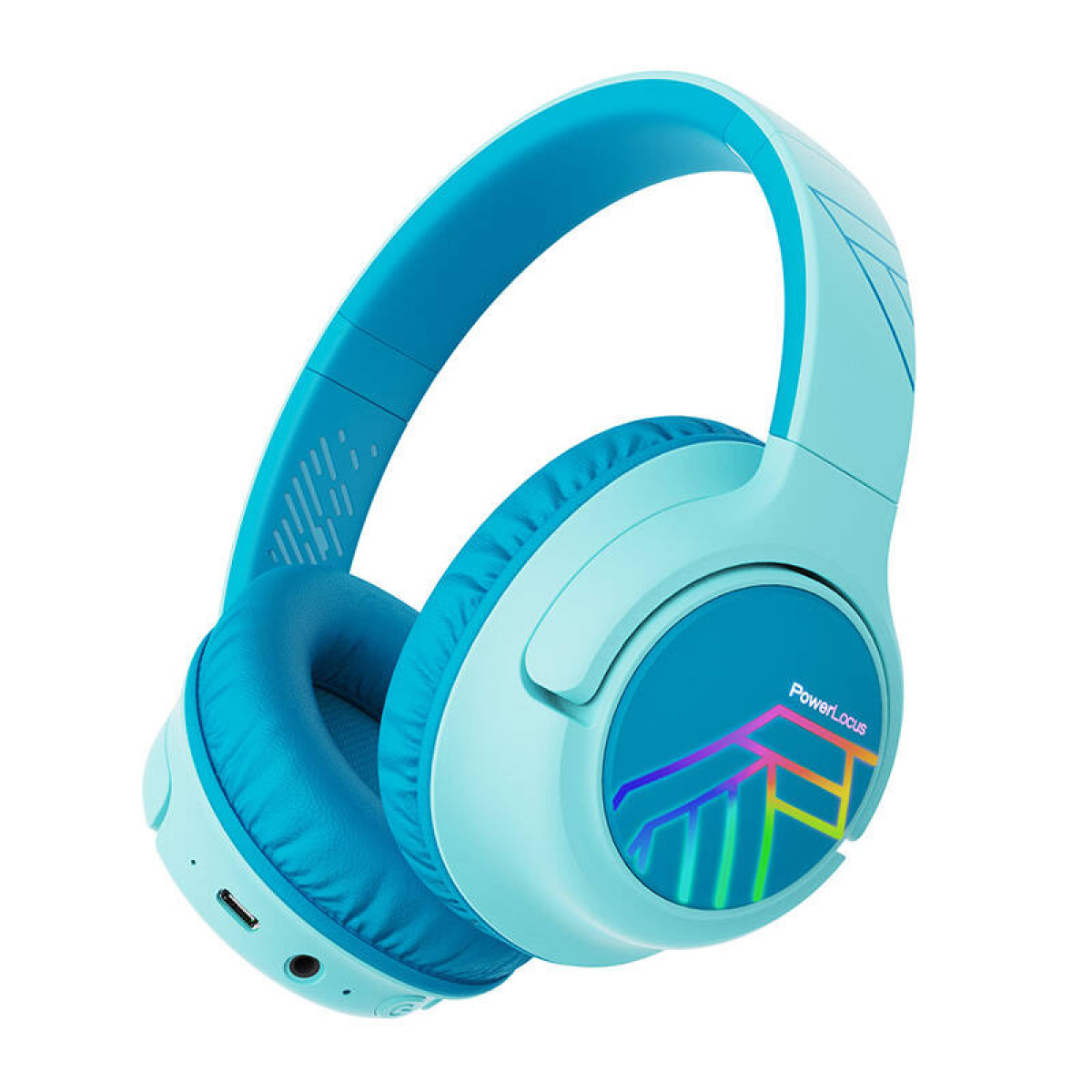 Blau-cyanfarbene Kopfhörer mit blauem und Regenbogen-Logo auf der Seite. Die Kopfhörer sind auf weißem Hintergrund.