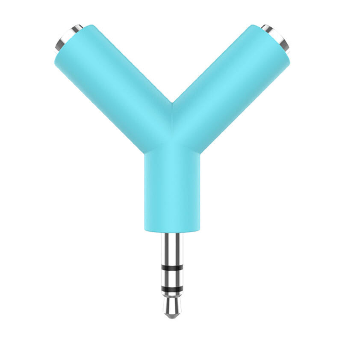 Blauer Y-förmiger Audio-Splitter auf weißem Hintergrund.