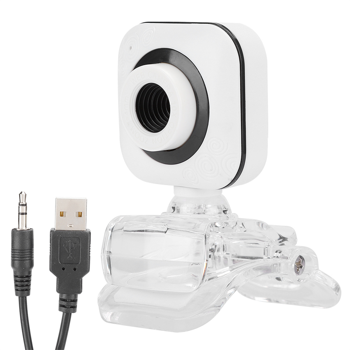 Eine weiße Webcam mit transparentem Plastikclip und Audio- und USB-Kabeln im Bild.