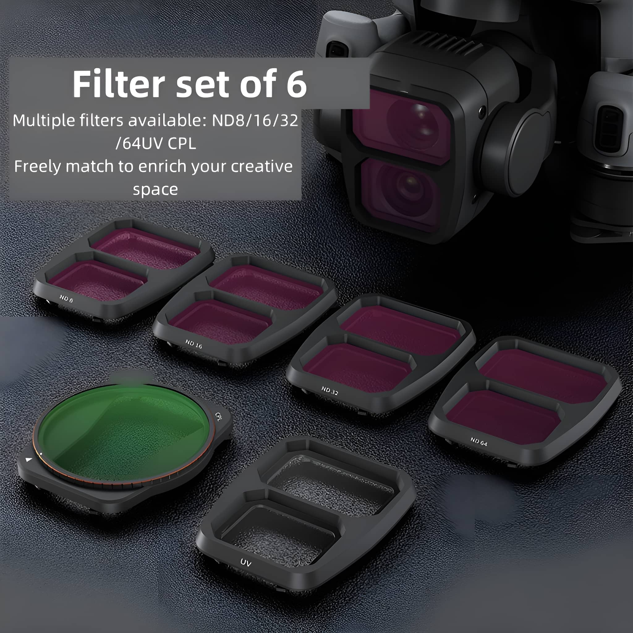 Ein Set aus sechs Kamerafiltern in verschiedenen Farben, mit einer Kamera im Hintergrund.