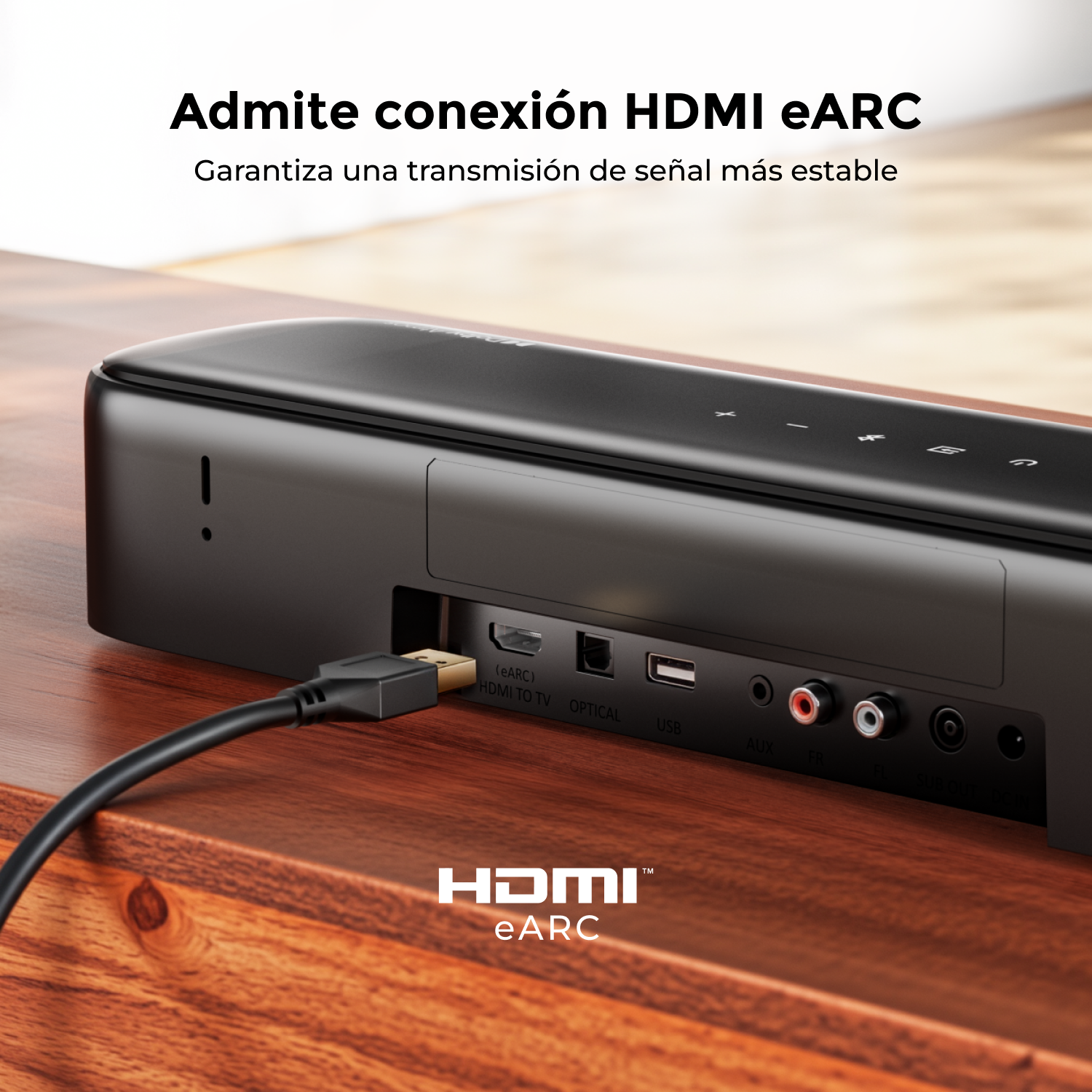 Una barra de sonido negra con HDMI eARC y varios puertos de conexión.