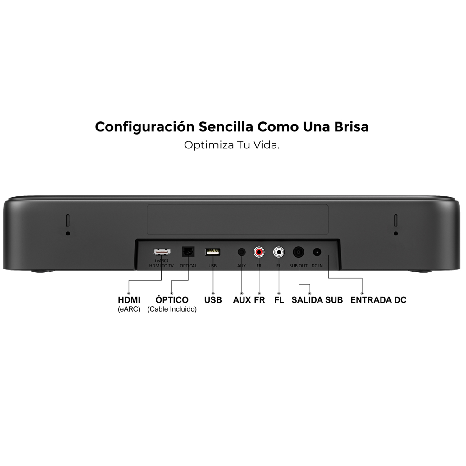 La parte trasera de una barra de sonido negra con varios puertos de entrada, incluidos HDMI, USB y óptico.