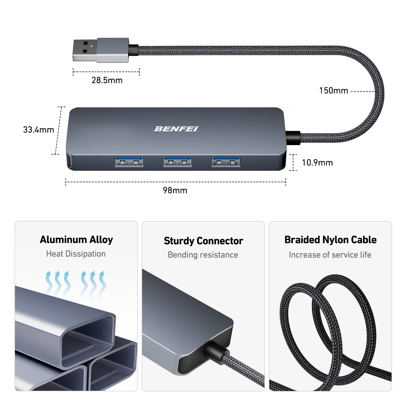 Ein USB-Hub mit grauem Gehäuse und drei USB-Anschlüssen. Er hat ein geflochtenes Nylonkabel.