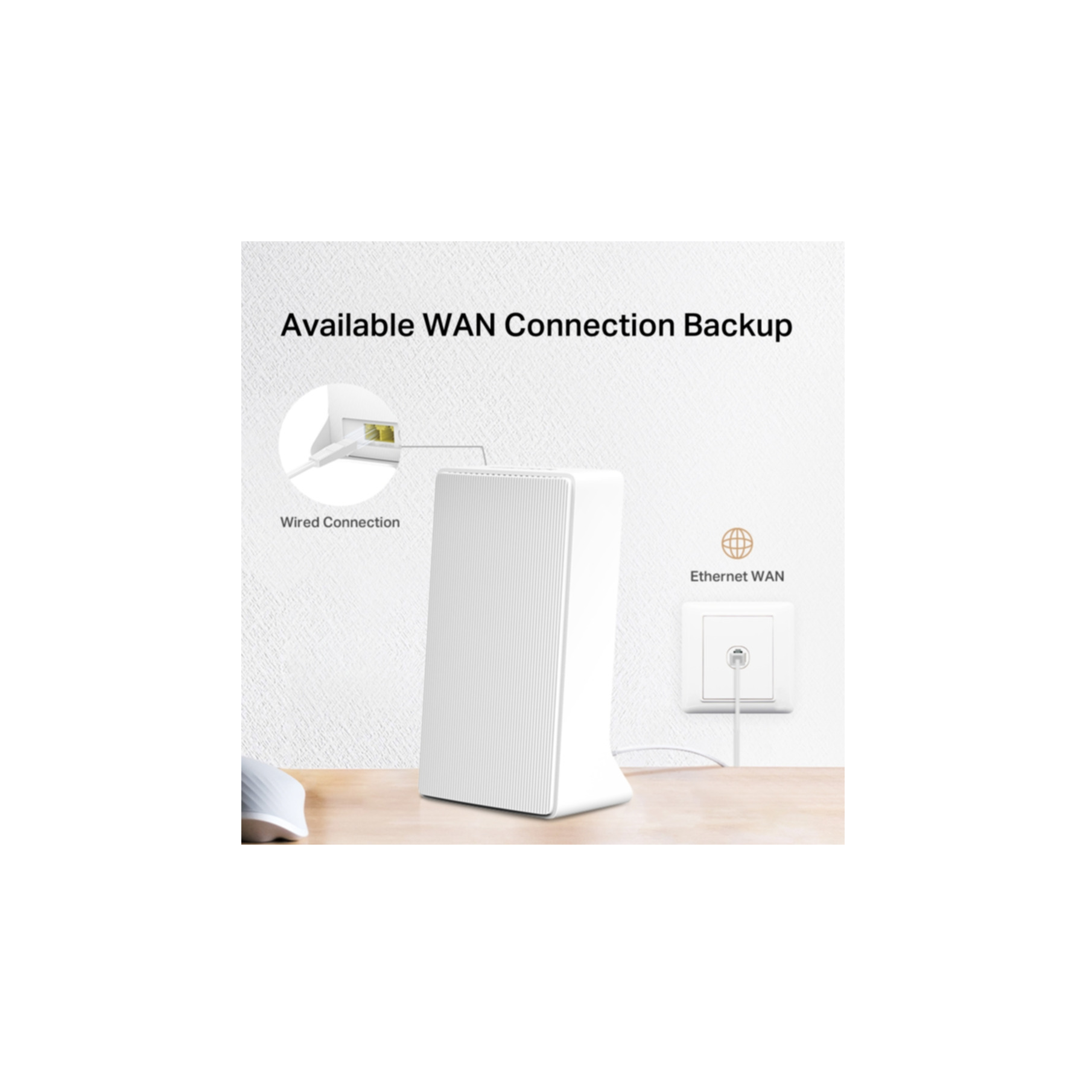 Weißer Router mit Text über Backup-Verbindung. Enthält kabelgebundene und Ethernet-Details.