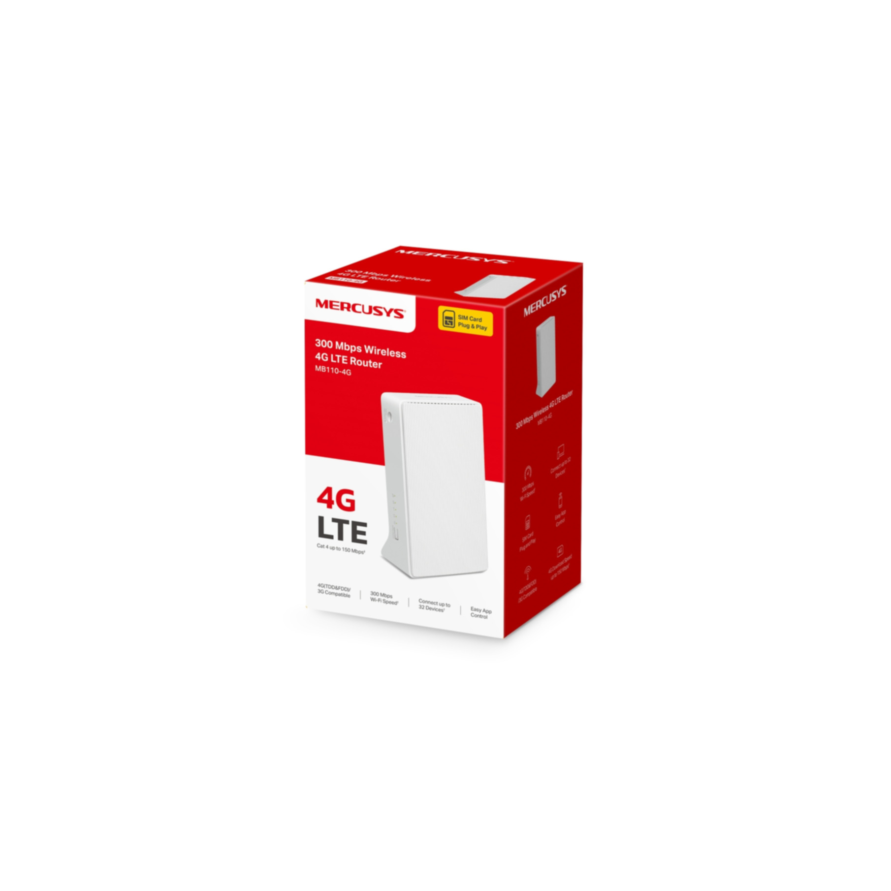Eine weiß-rote Mercusys 4G LTE Routerbox mit dem daneben gezeigten Router.