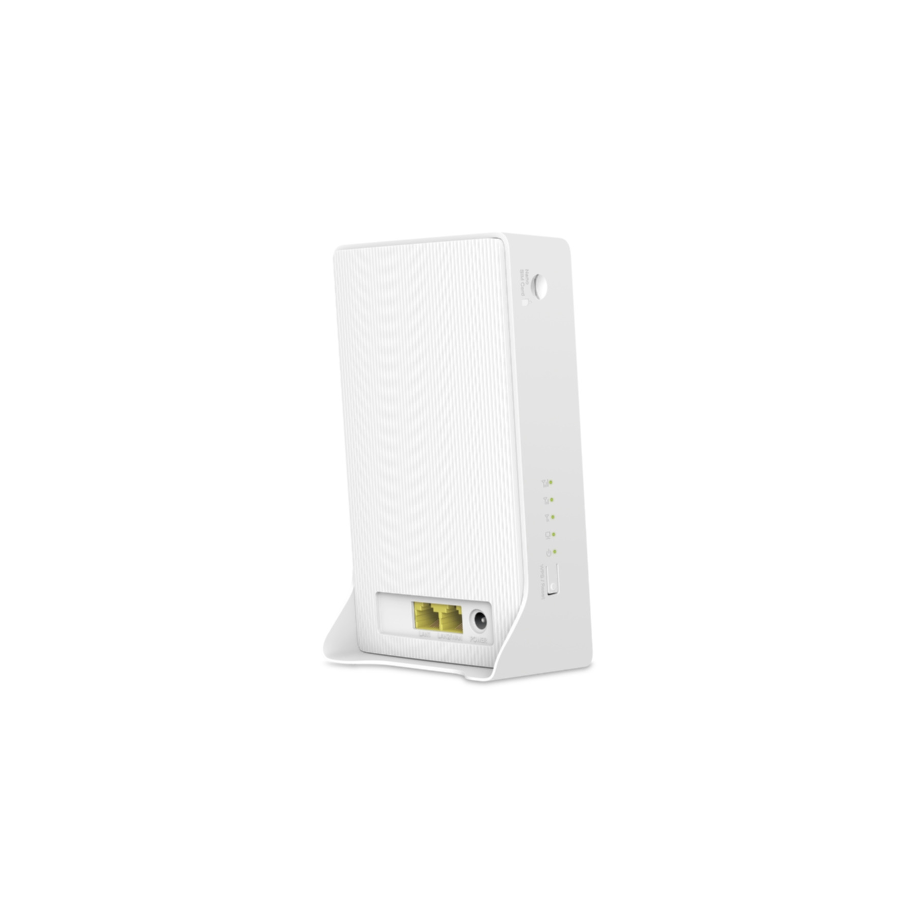 Weißer Router mit Anschlüssen und Lichtern. Er ist abgewinkelt und zeigt die Rückseite und Seite. Weißer Hintergrund.