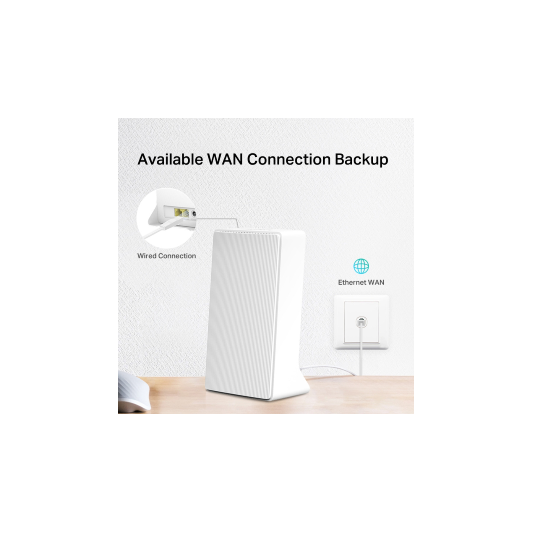 Ein weißer Router mit Text, der die verfügbaren WAN-Verbindungs-Backup-Optionen beschreibt.
