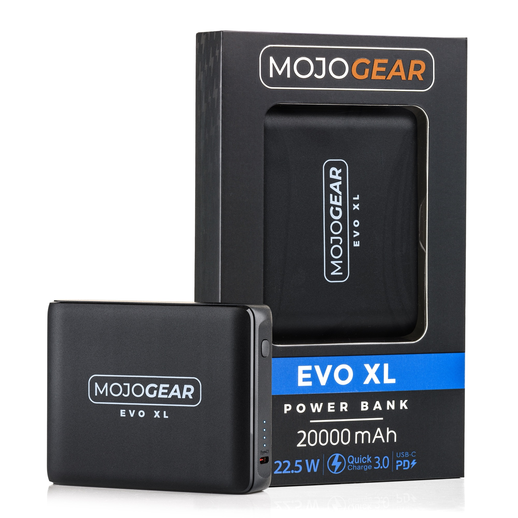 Une batterie externe noire avec une boîte. La boîte est noire et contient une image de la batterie.