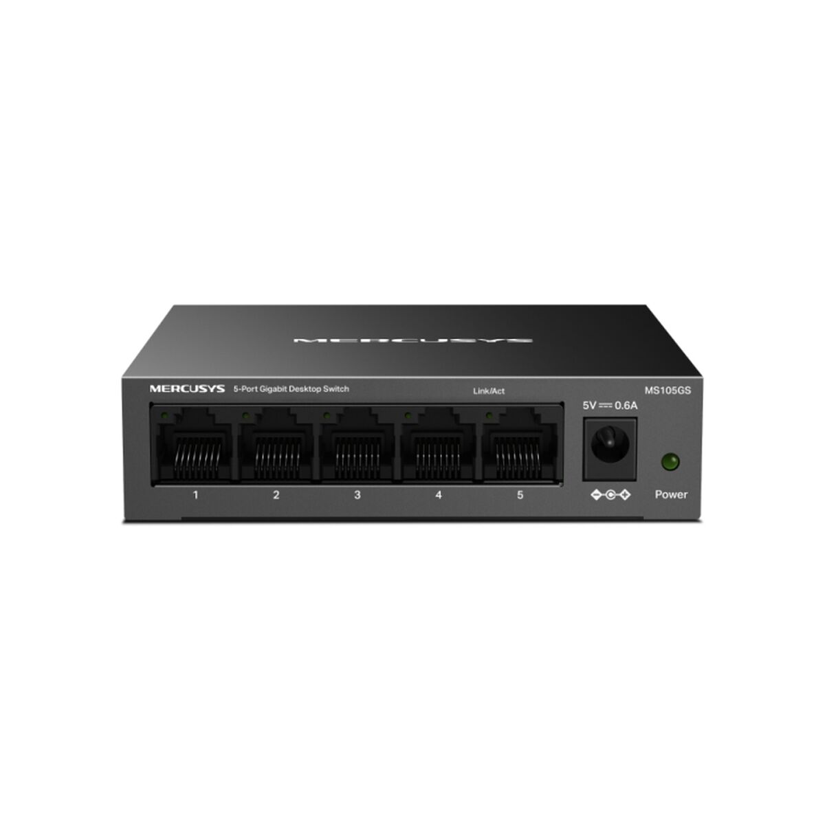Schwarzer Netzwerk-Switch mit 5 Anschlüssen, beschriftet 1-5. Enthält Strom- und Link/Act-Anzeigen. Weißer Hintergrund.