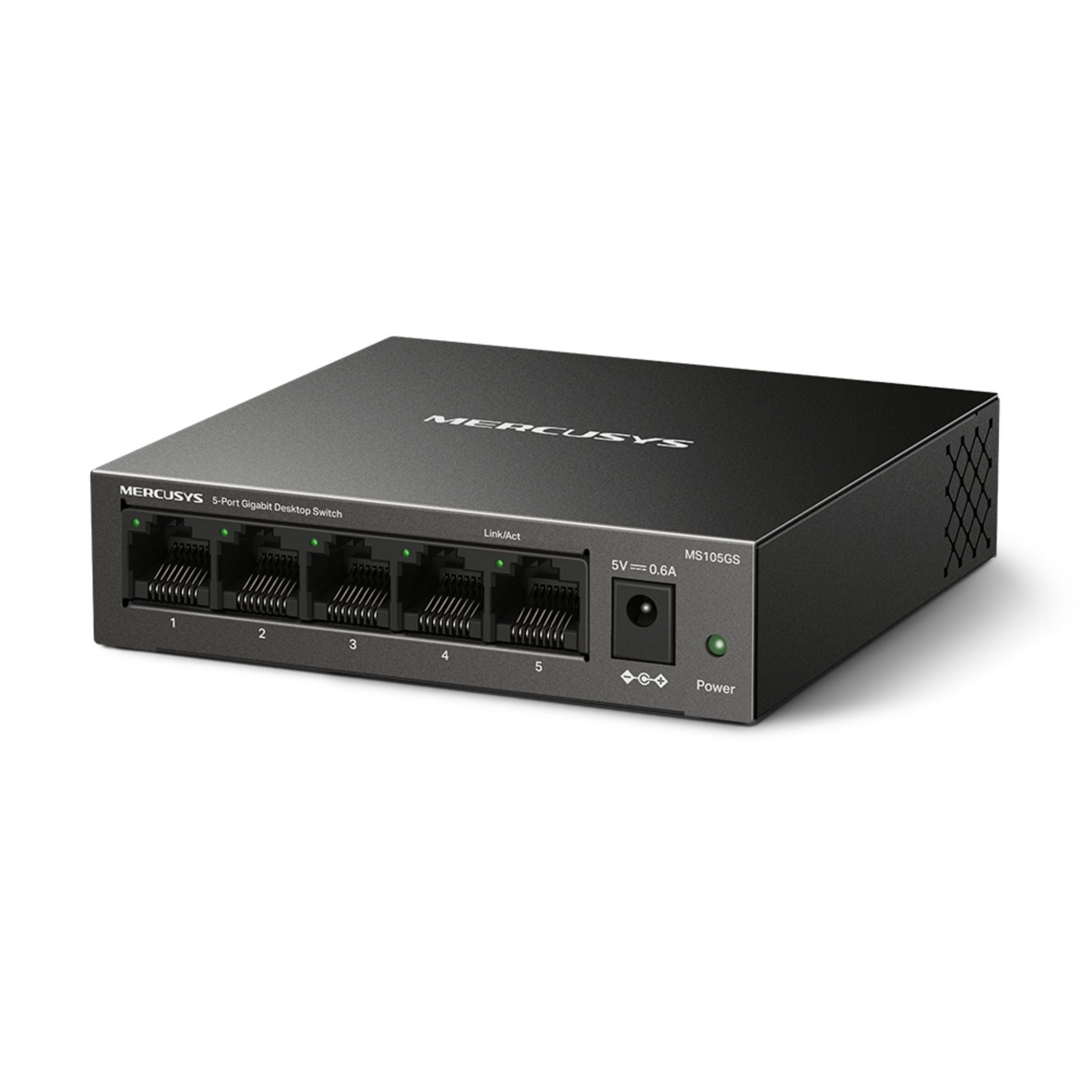 Schwarzer 5-Port Gigabit Desktop Switch mit Strom- und Link/Act-Leuchten und MERCUSYS-Branding.