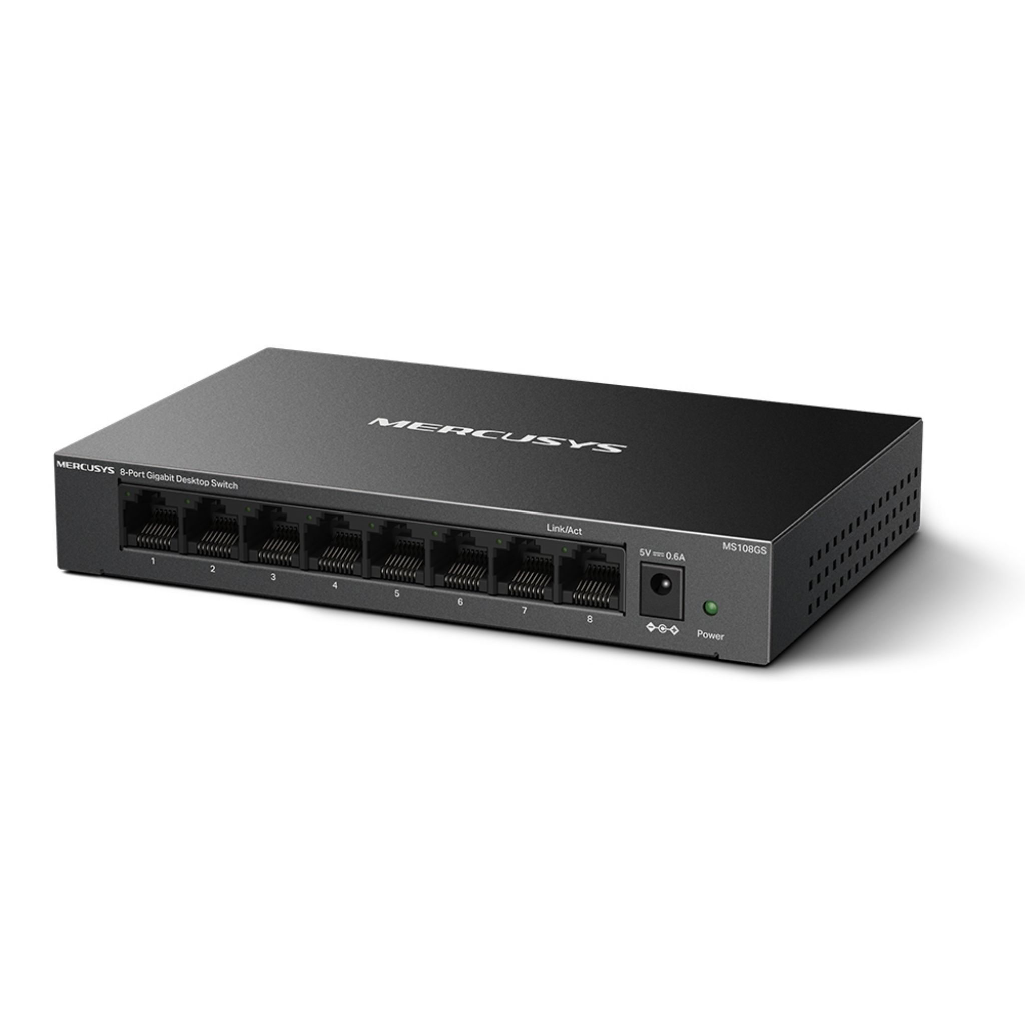 Schwarzer Mercusys 8-Port Gigabit Desktop Switch mit Anschlüssen und Leistungsanzeigen.