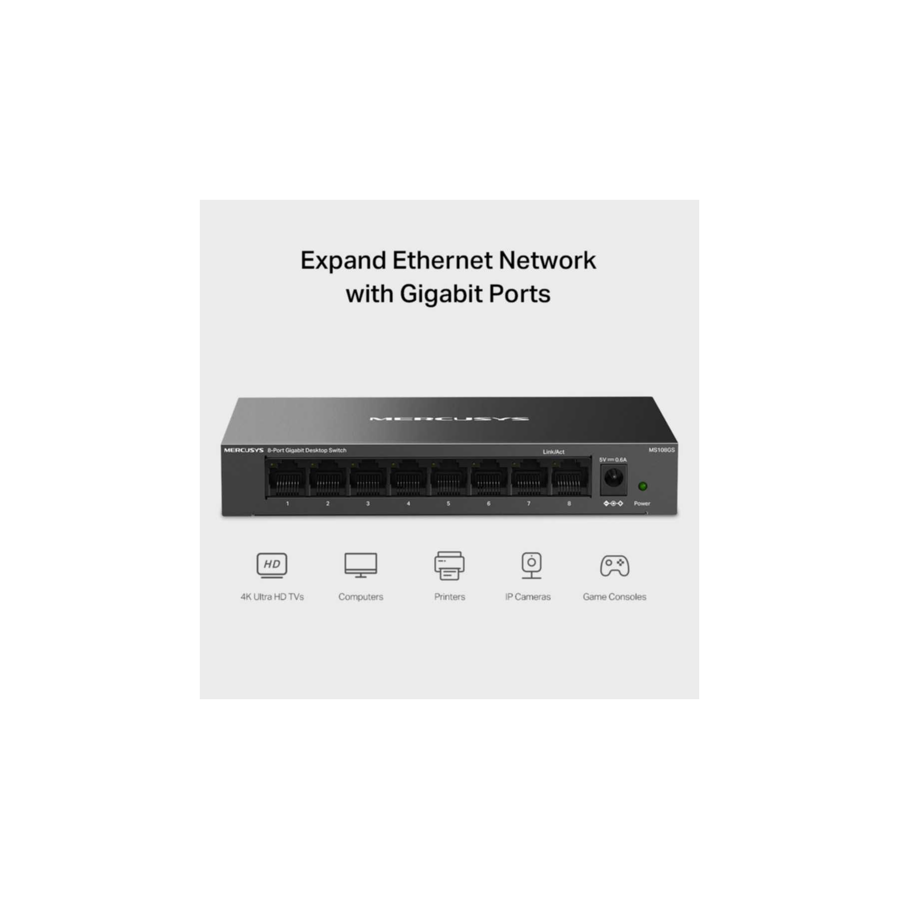 Ein schwarzer Netzwerk-Switch mit Anschlüssen, beschriftet mit 'MERCUSYS', mit Symbolen für Geräte. Text: 'Ethernet-Netzwerk erweitern'.