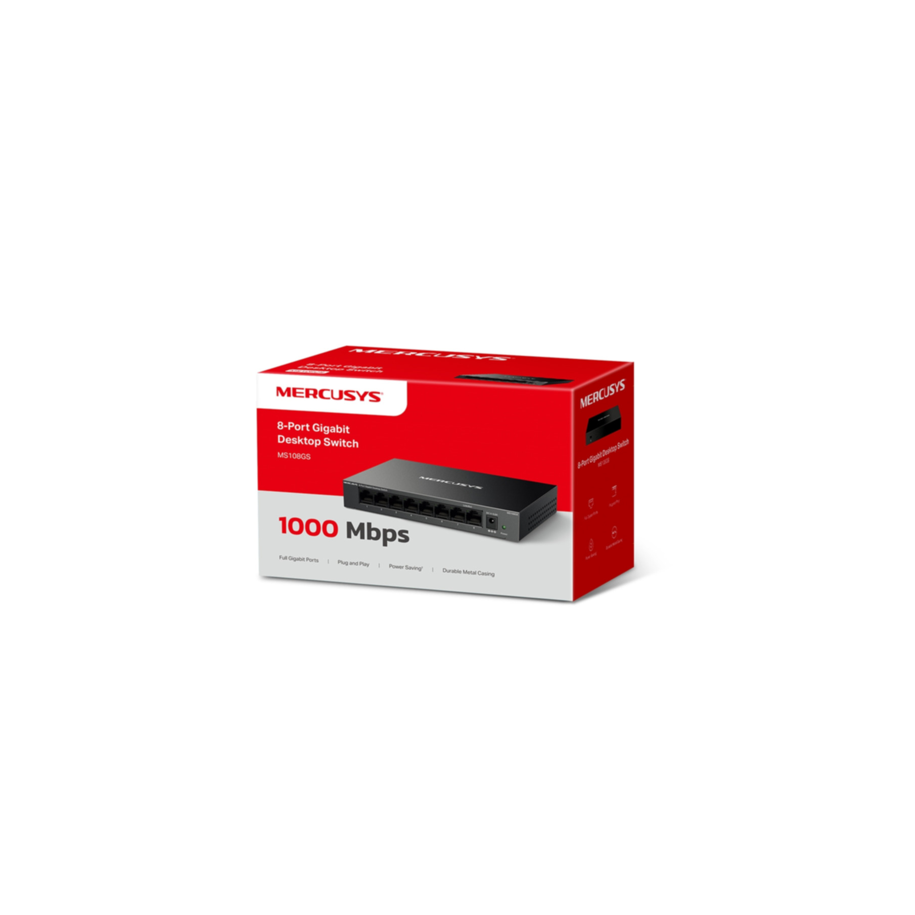 Weißer Karton mit einem schwarzen 8-Port-Gigabit-Desktop-Switch. Rotes MERCUSYS-Logo.