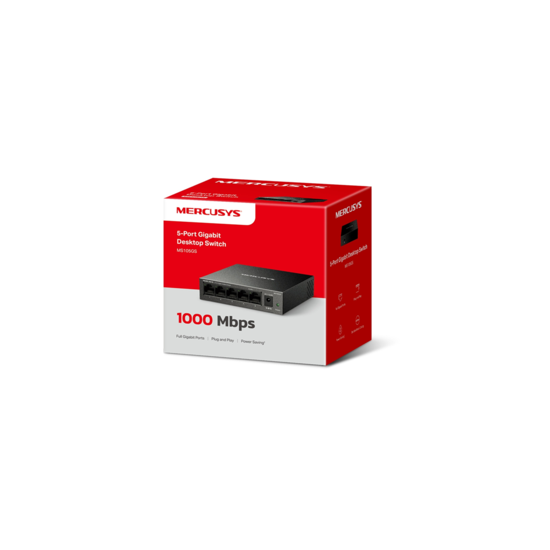 Eine rot-weiße Schachtel mit einem schwarzen 5-Port-Gigabit-Desktop-Switch. Auf der Schachtel steht MERCUSYS.