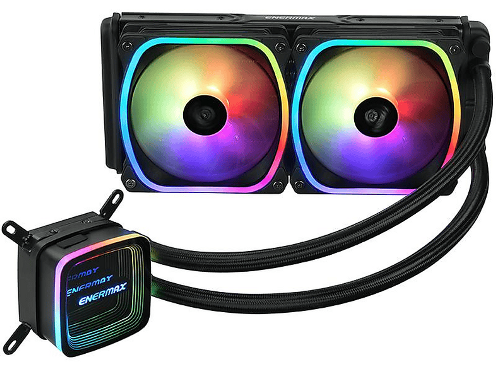 Sistema di raffreddamento a liquido per computer. Componenti neri e RGB. Due ventole e una pompa con waterblock.