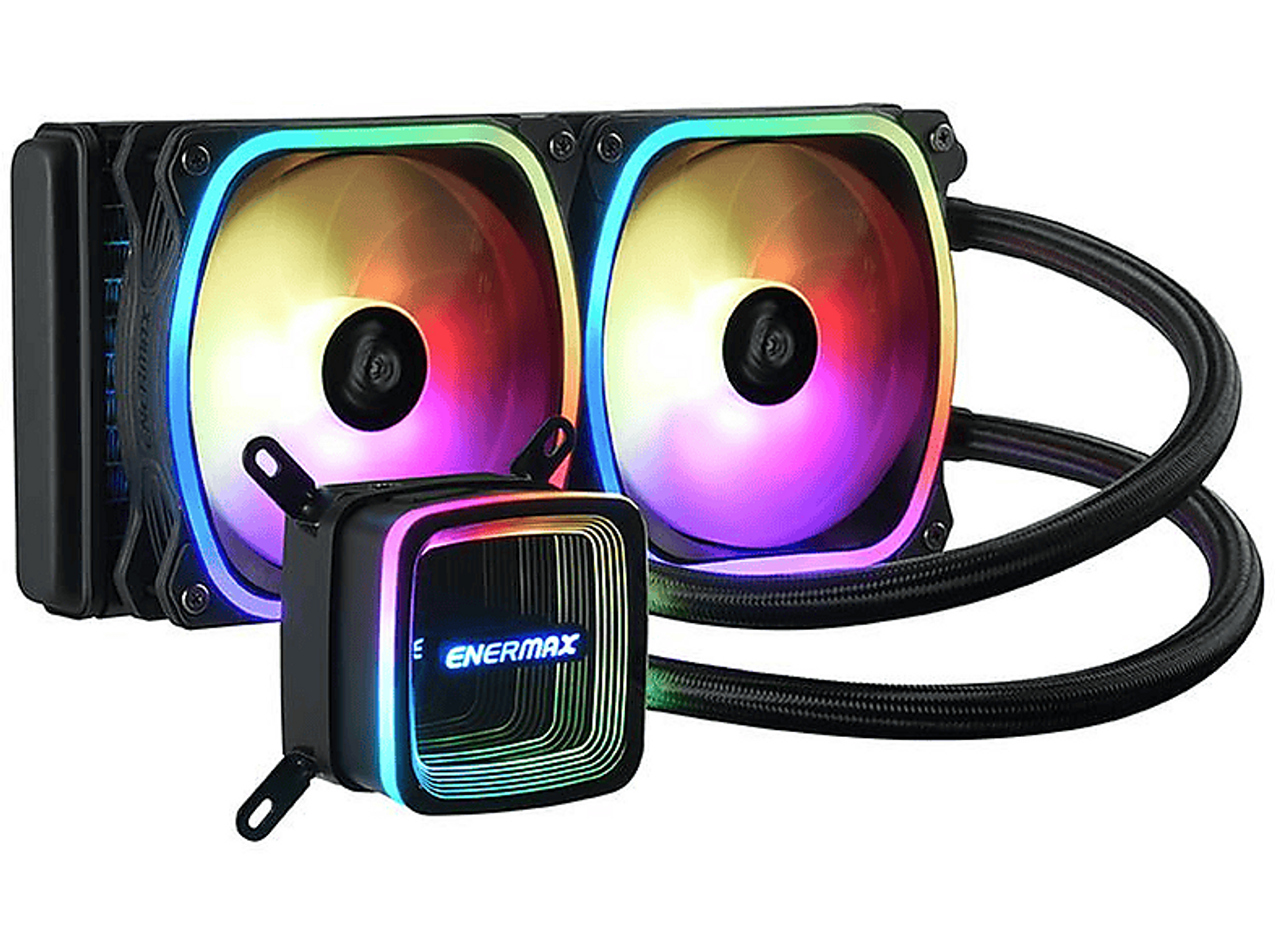 Dissipatore a liquido con due ventole e una pompa. Ventole con LED arcobaleno. Tubi neri collegano.