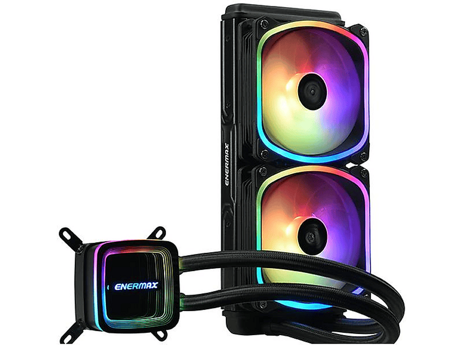 Un dissipatore a liquido per computer con due ventole e un waterblock con illuminazione RGB. Tubi neri li collegano.