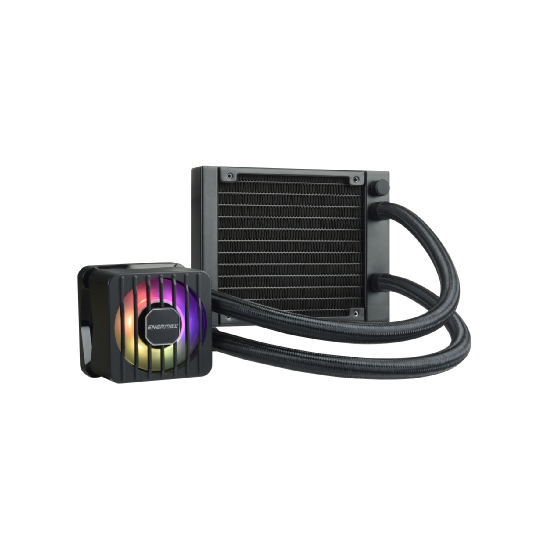 Un sistema di raffreddamento per computer nero e argento con una ventola e un radiatore collegati da tubi.