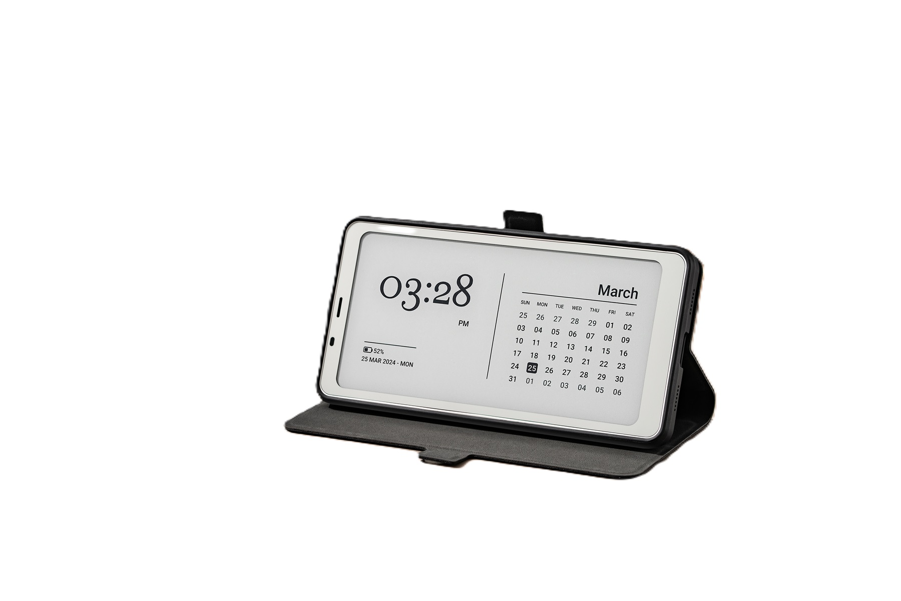 E-reader in una custodia, che mostra un calendario e l'ora, su sfondo bianco.