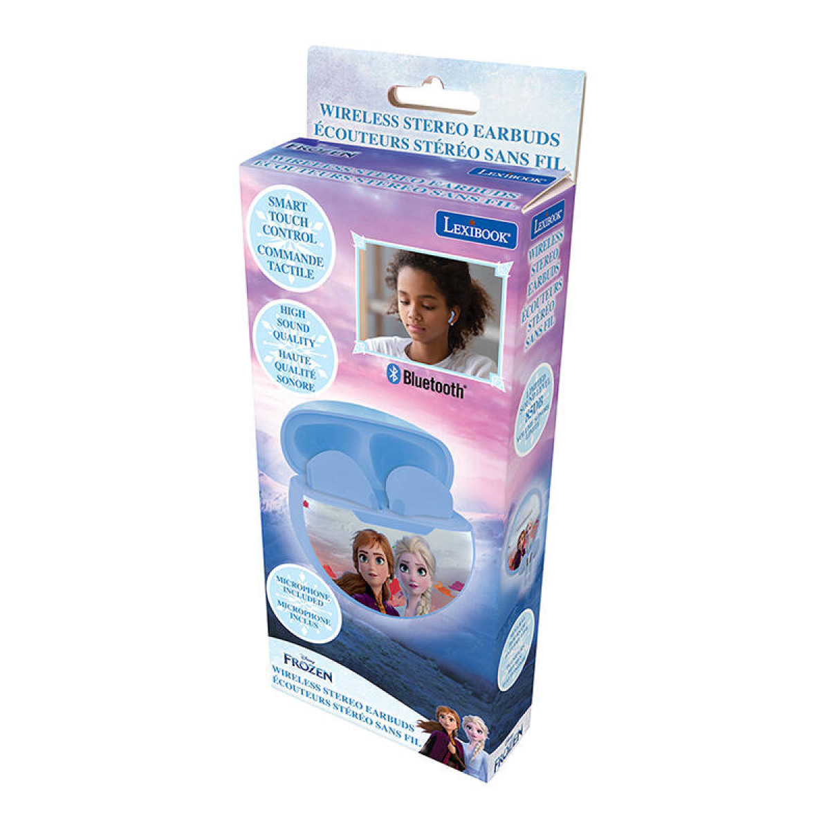 Caja de auriculares estéreo inalámbricos Frozen. La caja muestra a una niña usando los auriculares y personajes de dibujos animados.