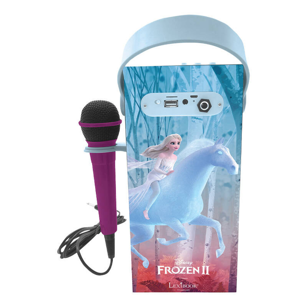 Altoparlante con immagine Frozen, microfono. Sfondo: bianco.