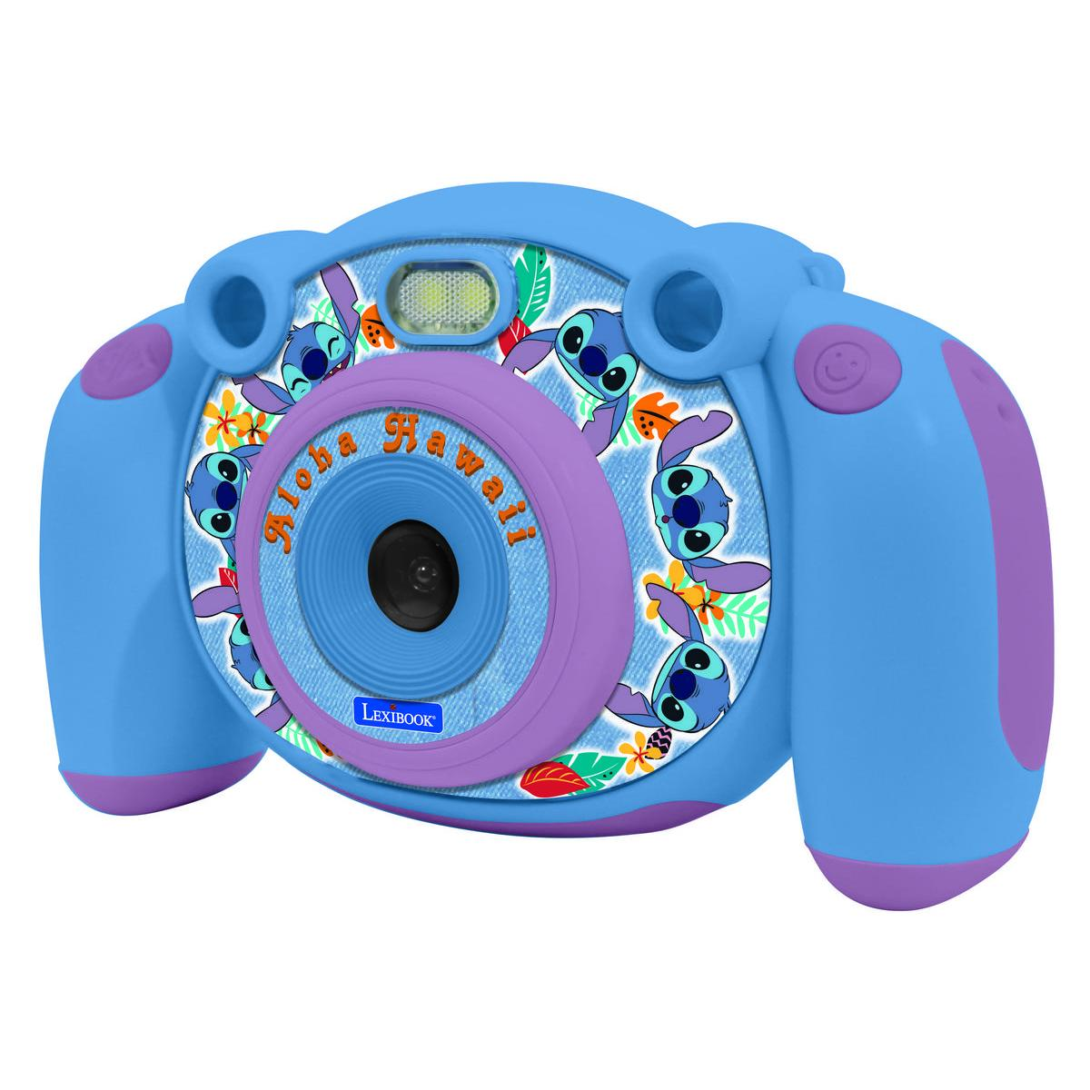 Una cámara de juguete azul y morada con personajes de Stitch y las palabras "Aloha Hawaii".