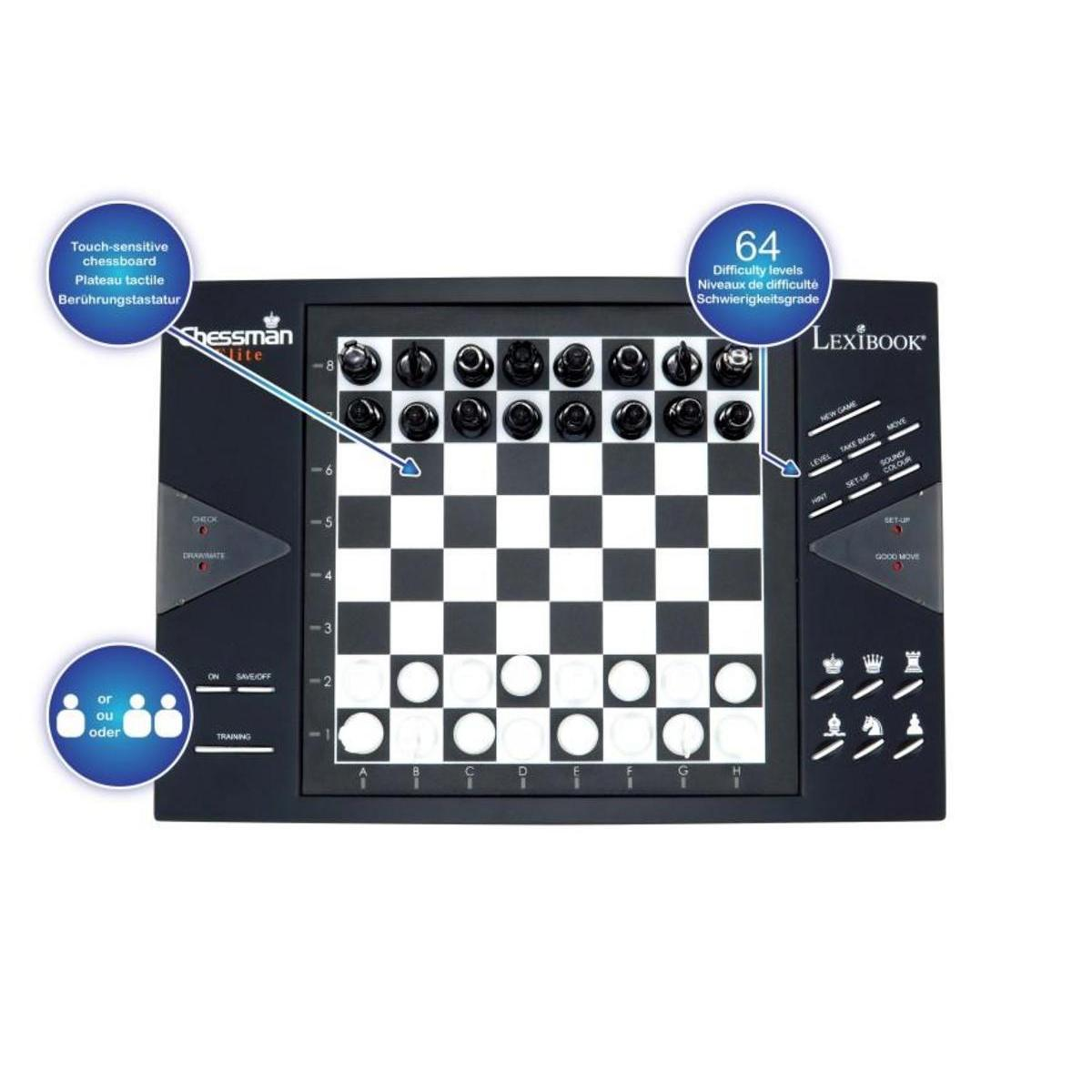 Juego de ajedrez con piezas blancas y negras en un tablero. Texto indica 64 niveles de dificultad.