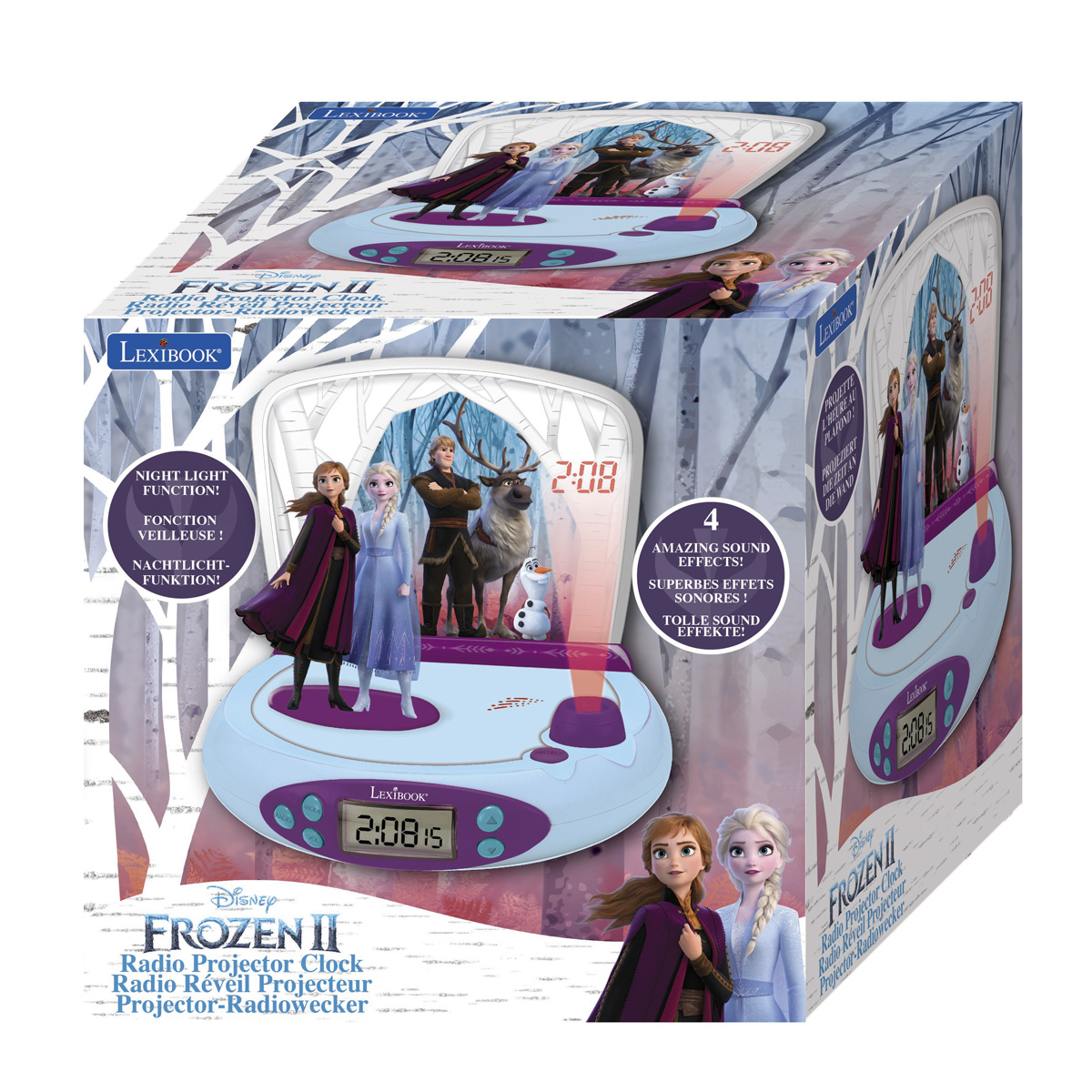 Despertador Frozen II en una caja, con personajes y una pantalla digital que muestra la hora.