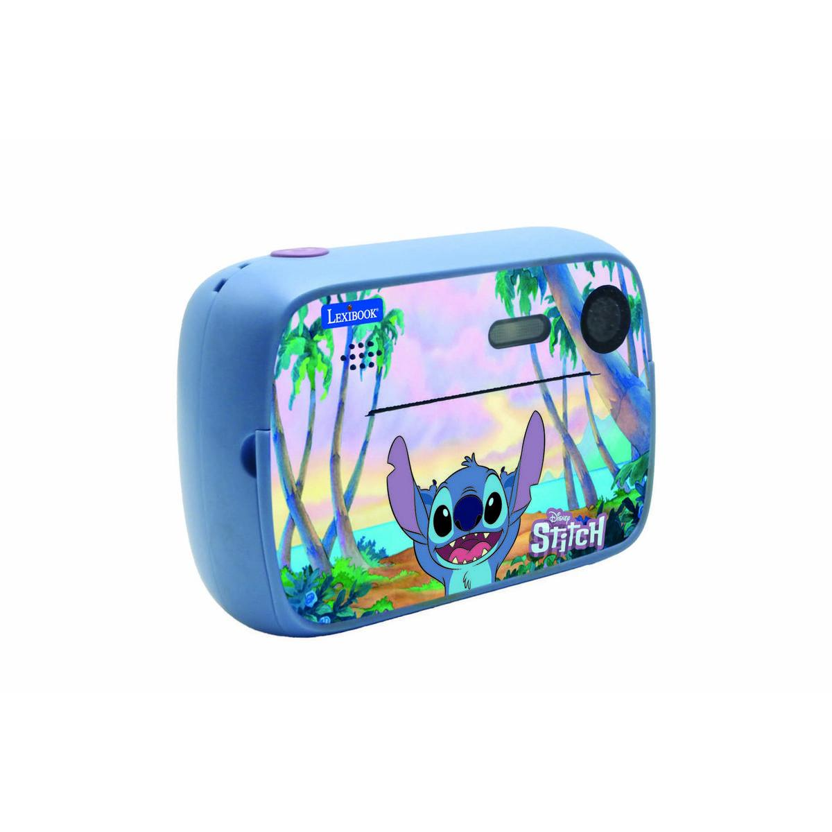 Niebieski aparat Lexibook Stitch z nadrukiem sceny na plaży.