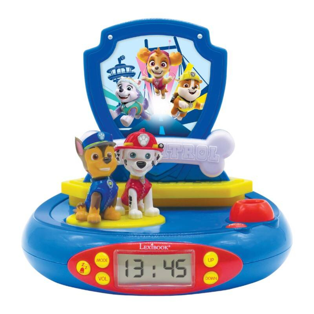 Despertador de la Patrulla Canina. Con Chase, Marshall, Skye y Rubble. Muestra la hora 13:45.