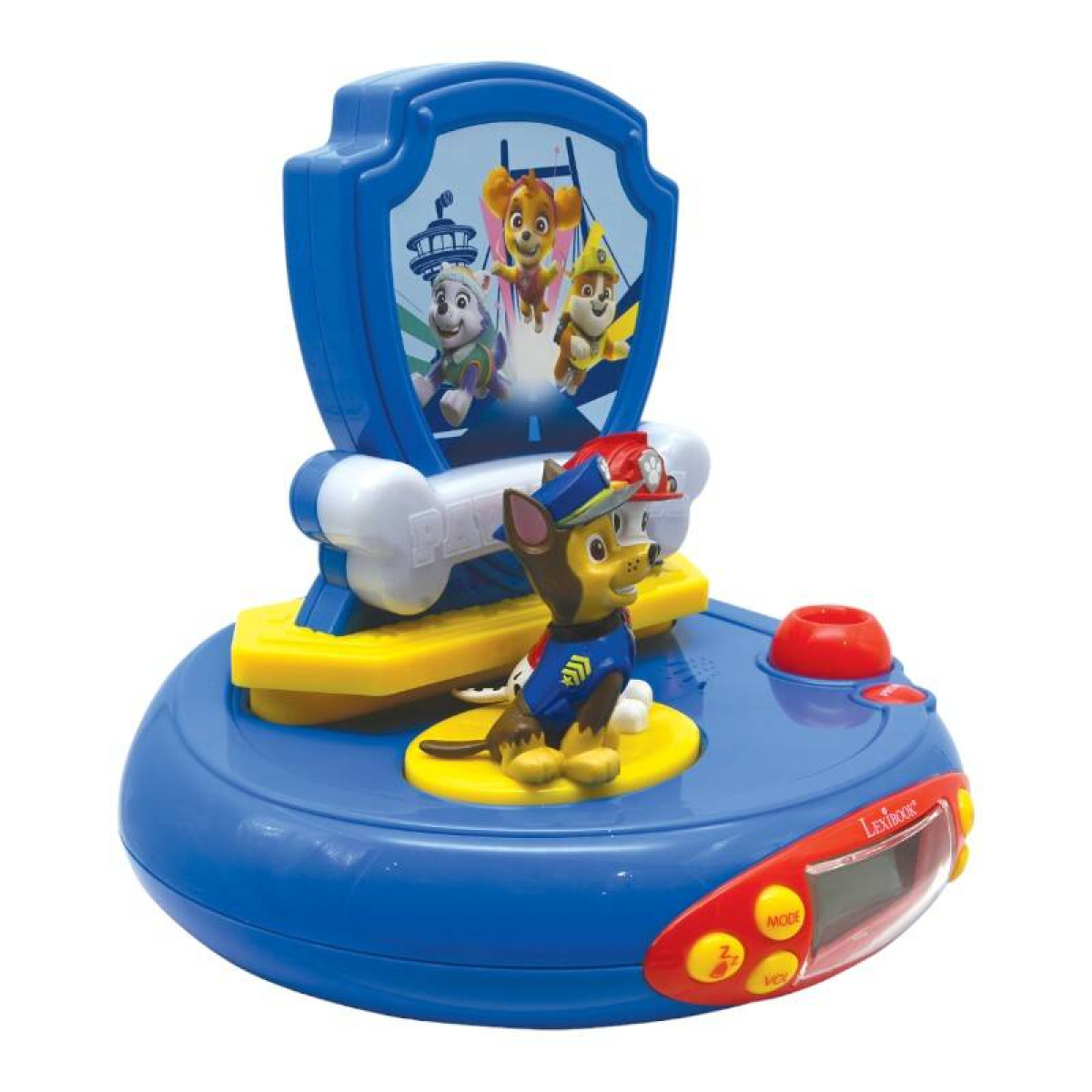 Despertador Paw Patrol con figura de Chase y pantalla digital, sobre fondo blanco.