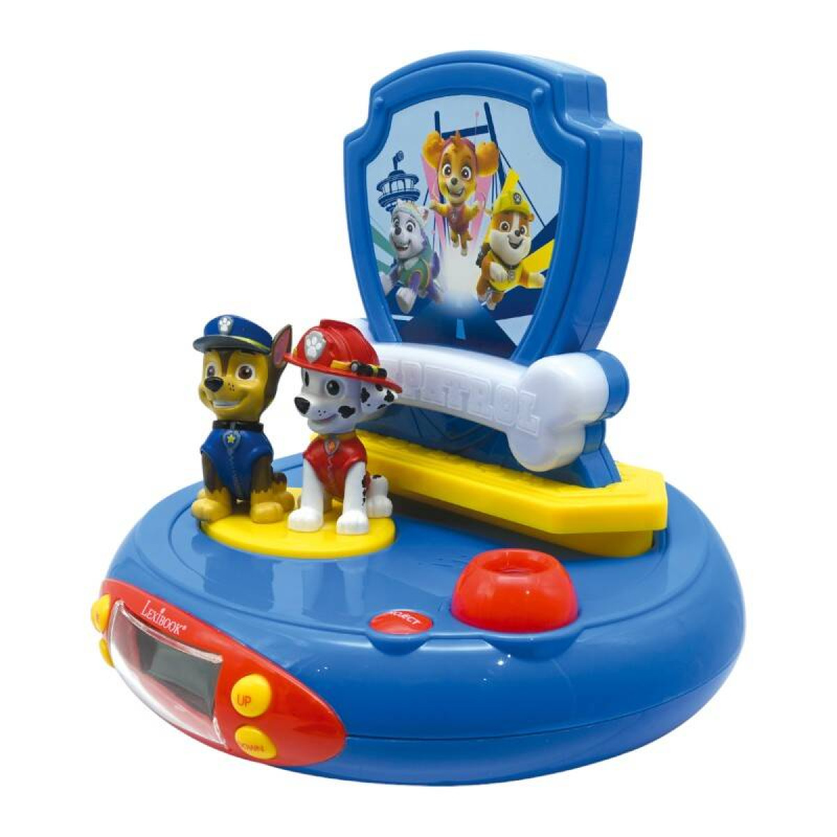 Despertador de la Patrulla Canina. Con figuras de Chase y Marshall. Reloj azul con detalles rojos y amarillos.