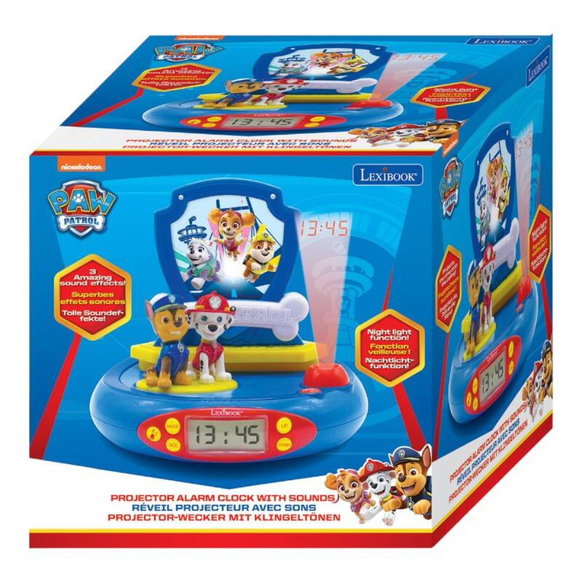 Despertador Paw Patrol. El reloj muestra la hora y tiene personajes de Paw Patrol en la parte superior.