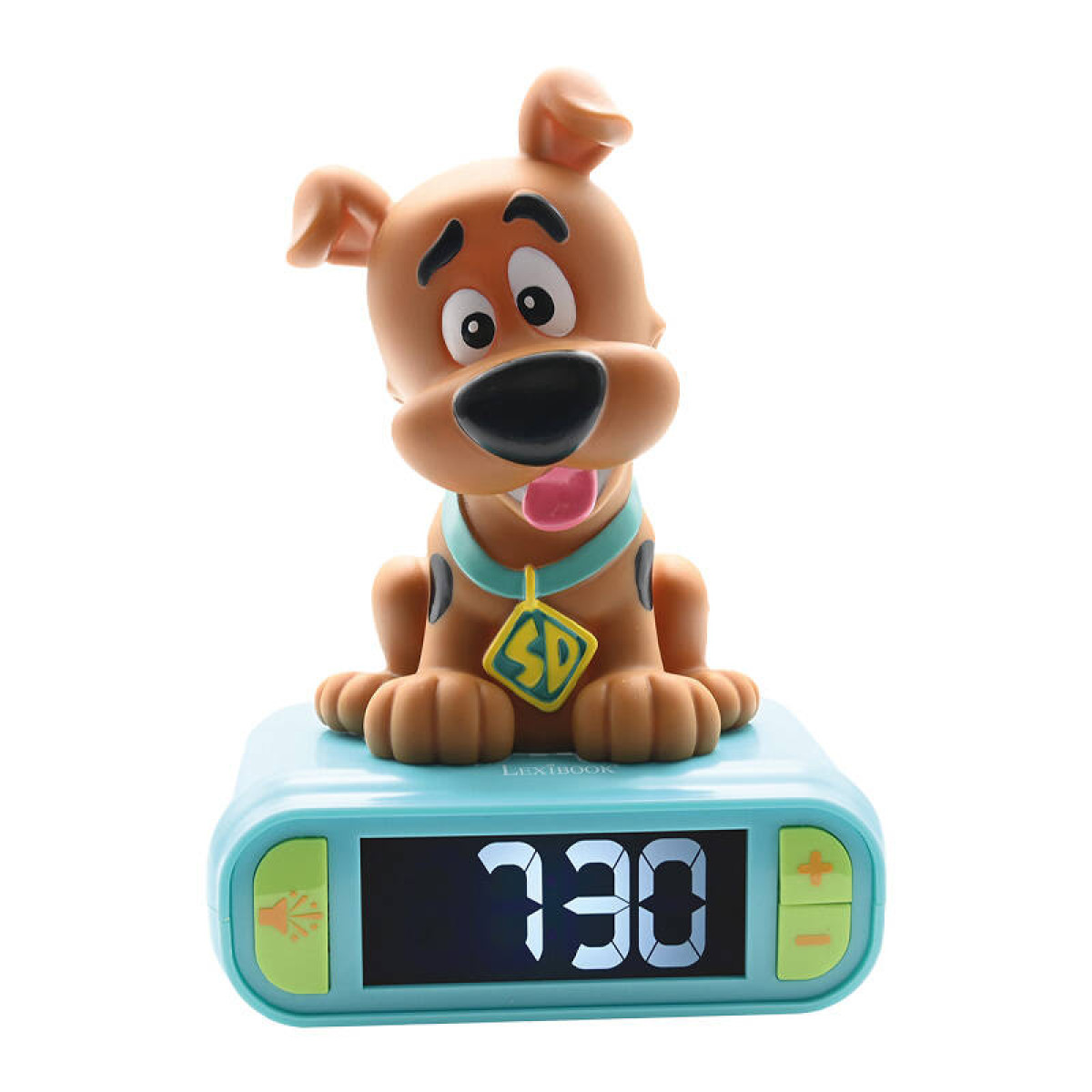 Scooby-Doo Wecker. Scooby-Doo sitzt auf der Uhr, blaue Basis und Digitalanzeige.